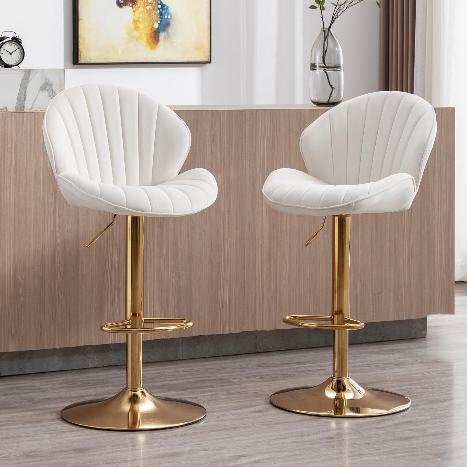 Ya-Home Bar Stools Set of 2 Velvet Adjustable Swivel Bar Chairs Counter Stools with Gold Legs, Breakfast Barstools for Kitchen Island, Beige