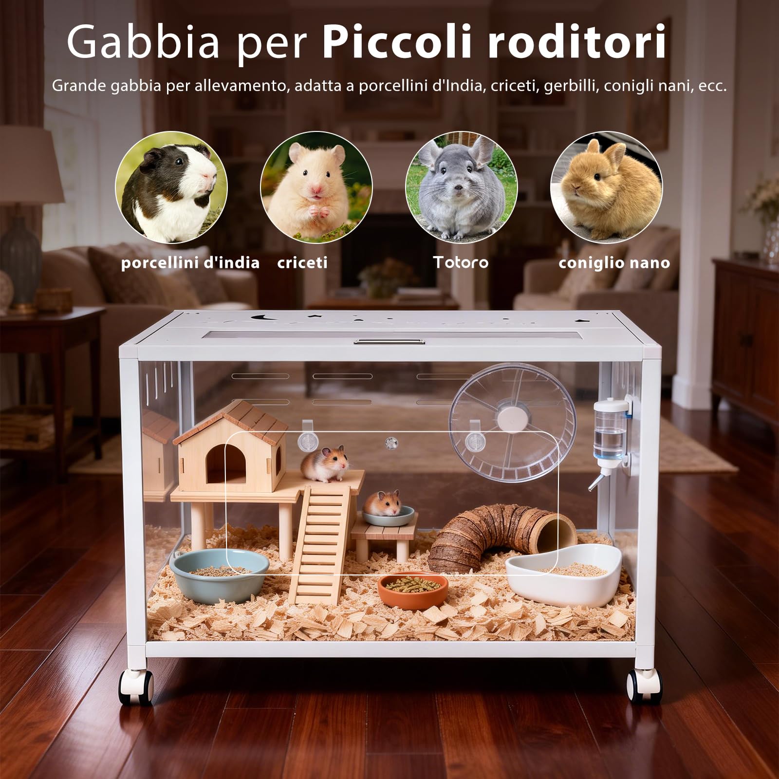 Grande gabbia per criceti in metallo, 80 x 50 x 55 cm, gabbia per roditori con ruote, stabile, bianca | Recinto per piccoli animali per conigli, criceti dorati, rimovibile, trasparente, facile da pulire