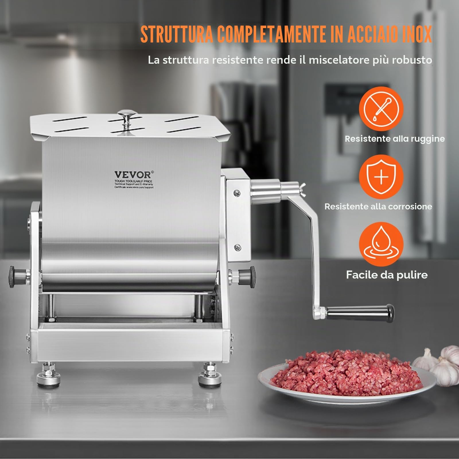 VEVOR Frullatore per carne manuale, Attrezzatura per la lavorazione della carne con serbatoio inclinabile da 10 l, Macchina per mescolare per carne di salsiccia in acciaio inox, con coperchio e