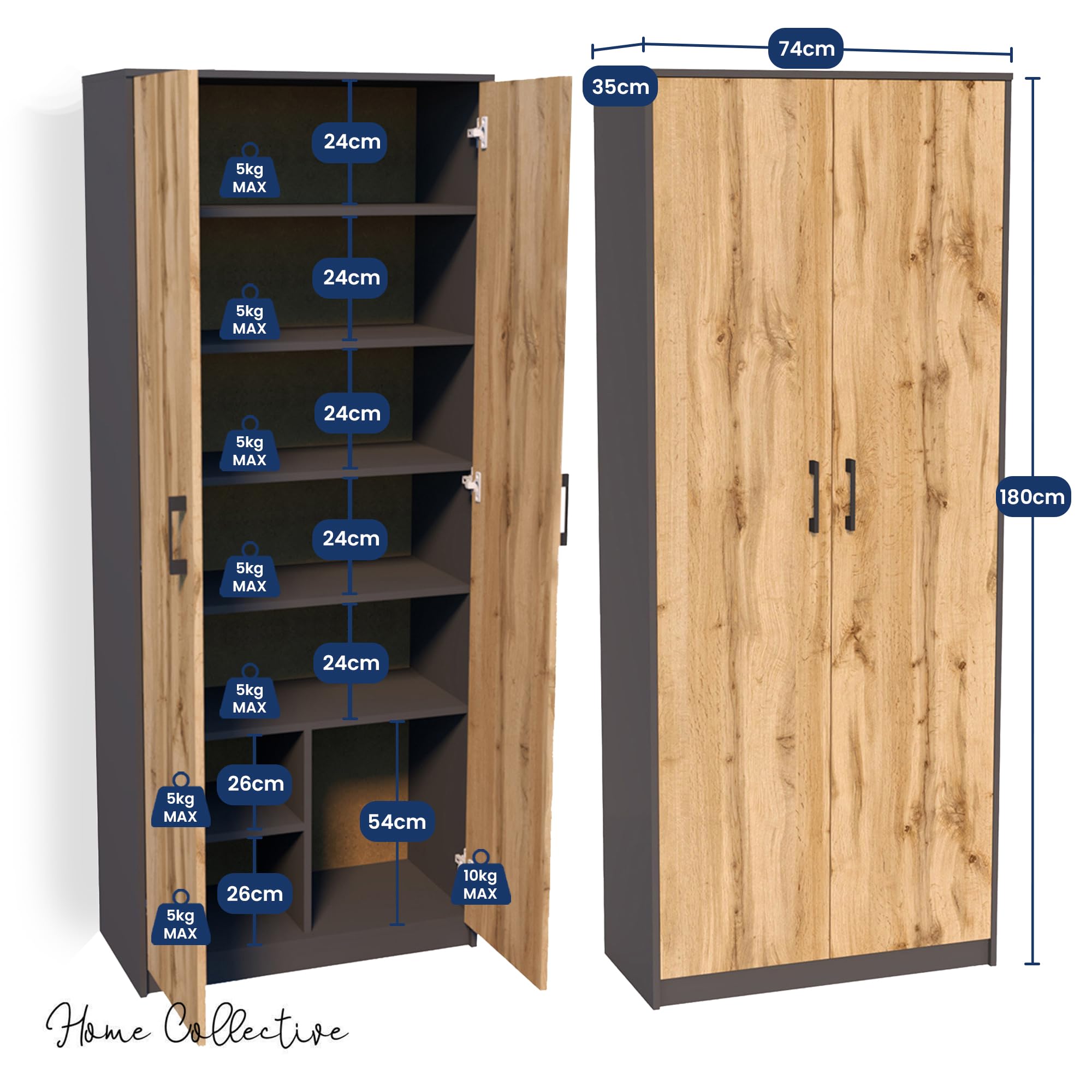 Home Collective Mehrzweckschrank mit 8 Fächern Besenschrank Haushaltsschrank in mattem Finish mit 6 Einlegeböden und 2 Türen 74 cm breit aus Laminatplatte und hochwertigen Polymergriffen graphit Eiche