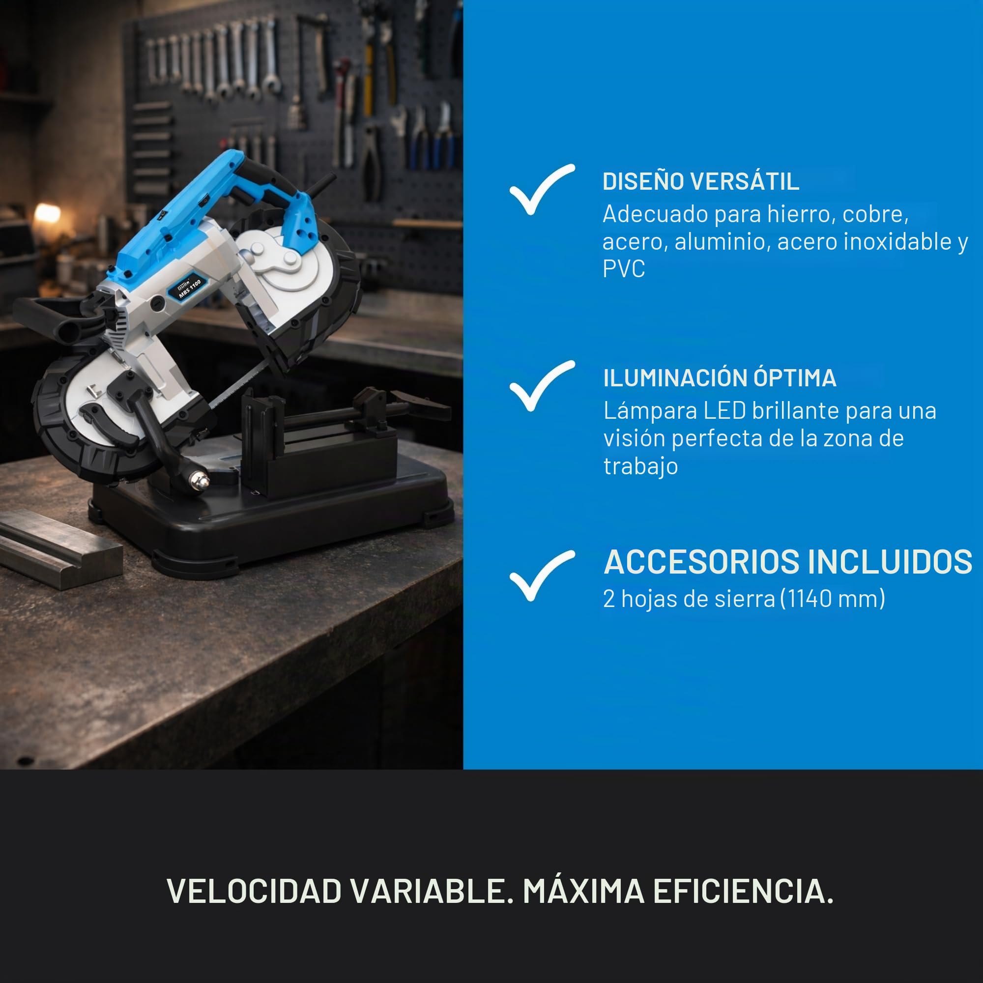 Güde Sierra de cinta metálica MBS 1100 (1100 W, mesa de trabajo extraíble (uso estacionario y móvil), velocidad de banda 144 m/min, 2 cintas de sierra 1140 mm, luz LED, potencia de corte