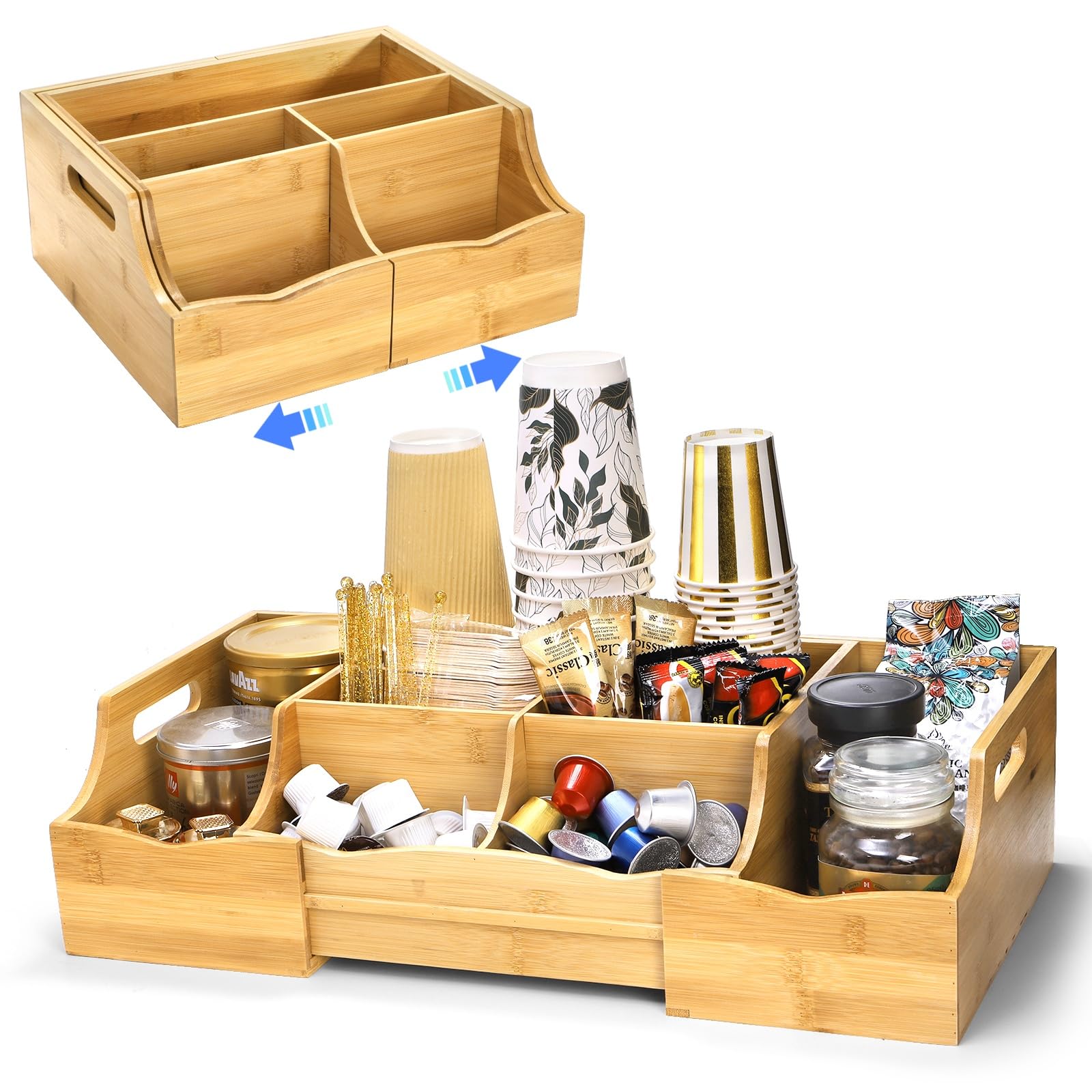 WRINGKIT Coffee Station Organizer for Countertop, Bamboo Coffee Bar Condiment Organizer, Extendable Tea Condiment Storage for Bar Decor, Kitchen,