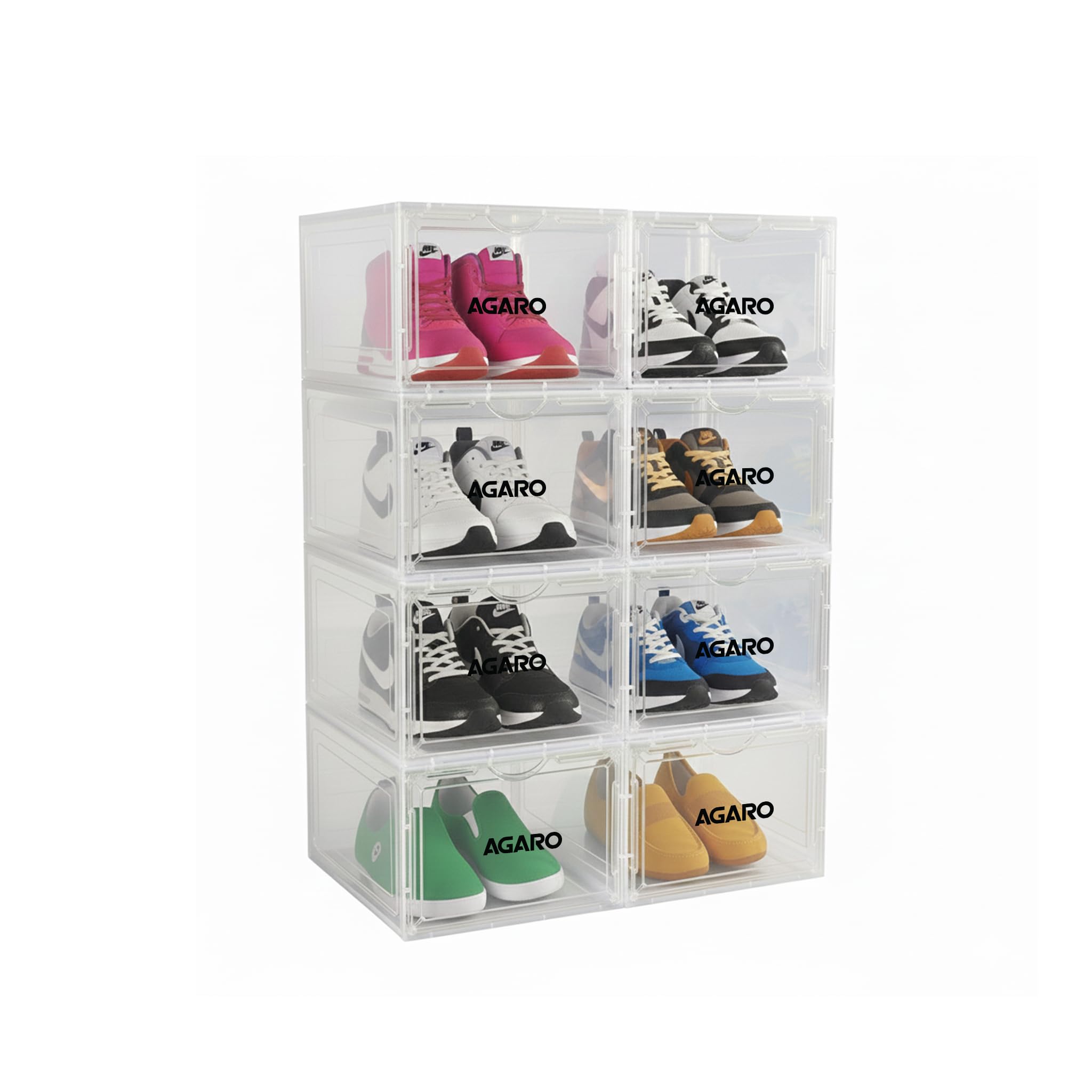AGARO Stackable Shoe Storage Box Organizer | Heavy Duty, Transparent, Plastic Sneaker Crates Container with Magnetic Door |Space Saving|Organizer for Men & Women| Fits up to Size UK 12 | Pack of 8