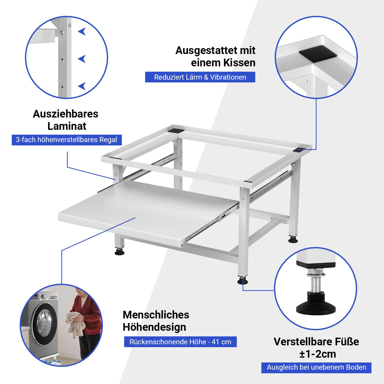 Herrselsam Base per lavatrice con ripiano estraibile, altezza 42 cm, piedini regolabili in altezza e assorbimento del rumore, base per lavatrice con cassetto estraibile a 3 livelli, portata 150 kg
