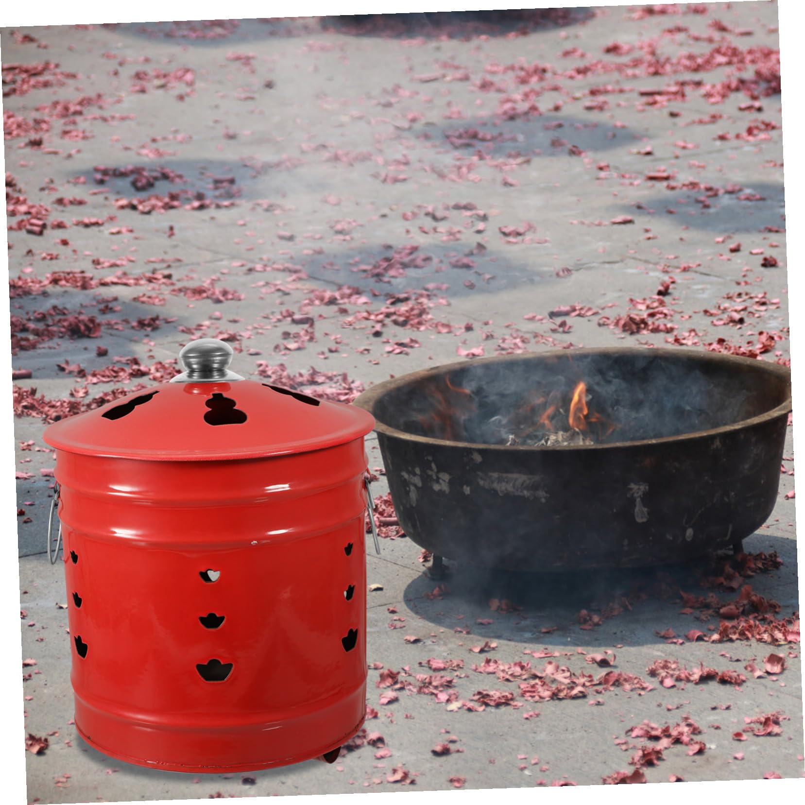 Cubo para Quemar Papel de Esmalte Rojo Duradero para Incineración | Ventilación para Mejor Combustión, Uso en Jardín y Hogar, Ayuda a Mantener Orden Estilo Aleatorio