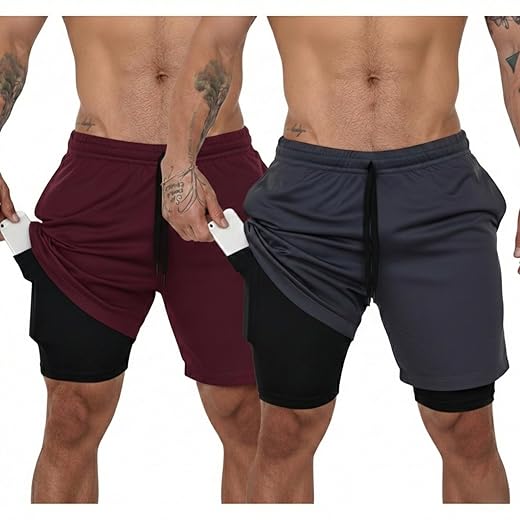 Kit 2 Bermuda Masculina 2 em 1 Shorts Duplo Dry Fit Treino Calção com Bolso Celular Academia Fitness Musculação Chumbo