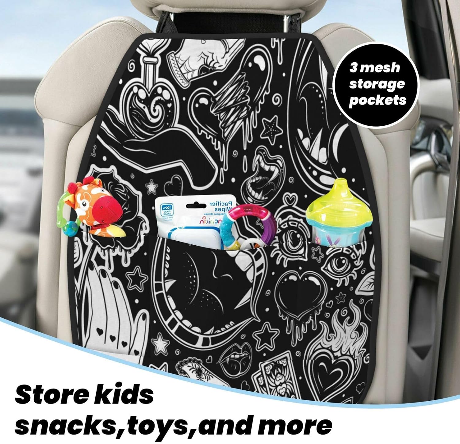 Halloween Black White Roses 2-Piece Set of Car Seat Kick Protectors for Front Seat Backrests, Used for Car Rear Seat Backrests Protectors
