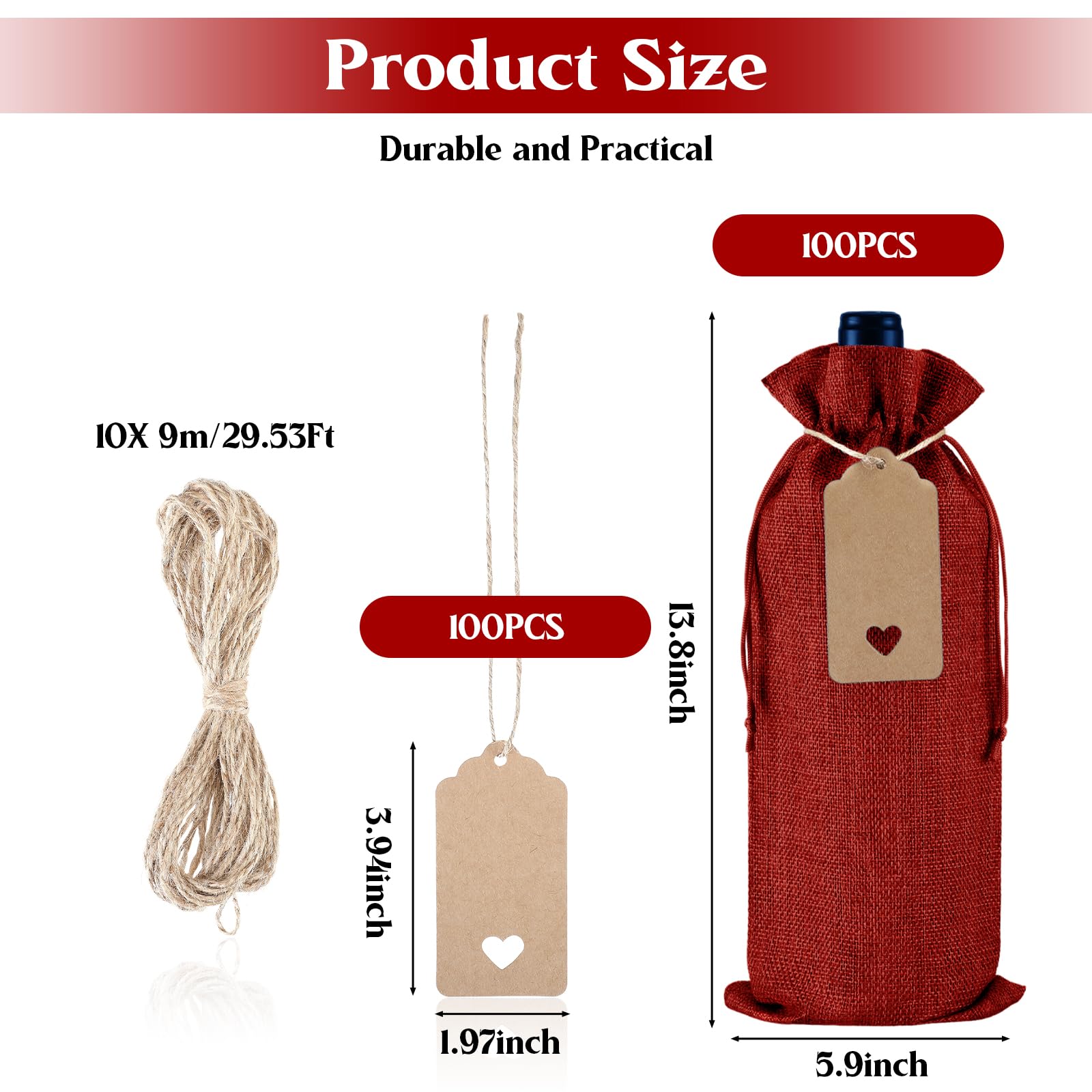 Windyun Lot de 100 sacs à vin en toile de jute avec cordon de serrage avec étiquettes 15 x 35 cm pour mariage, anniversaire, dégustation, Noël, voyage, fête (rouge vin)
