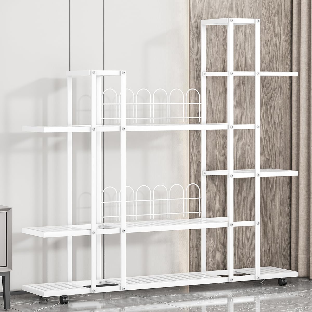 Support pour Plantes 11 Niveaux en métal,Étagère à Plantes intérieur sur 4 Roulettes Amovibles,Rangement pour plantes/présentoir à plantes pour jardin,balcon,parlor(120X114X26cm,Blanc)