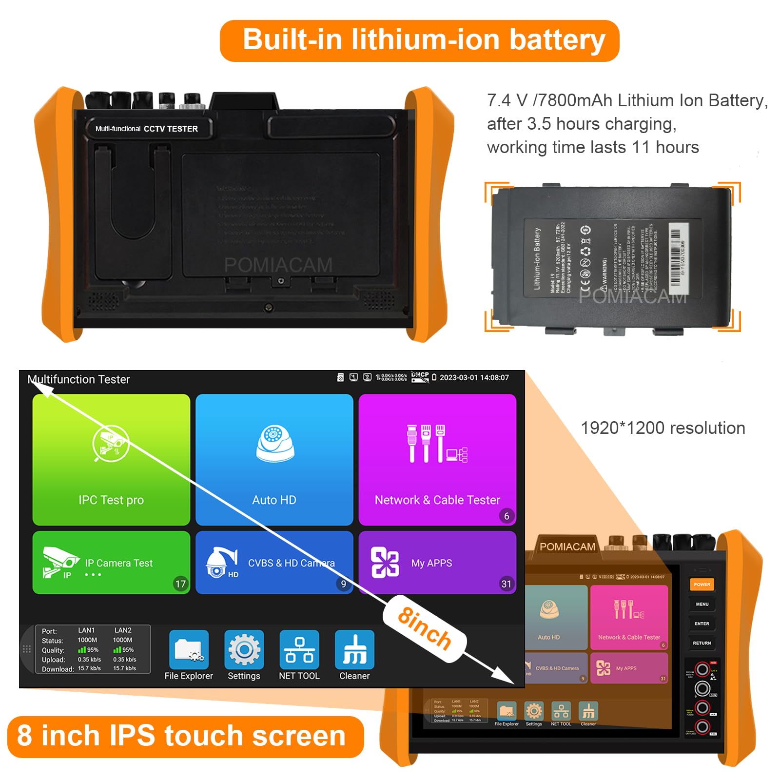 Probador de cámara IP 8K multifuncional CCTV, pantalla de 8 pulgadas, 8K H.265 8MP TVI/CVI/AHD/SDI/CVBS, comprobador de cables DMM TDR VFL compatible con 55 V POE++, puerto SFP HDMI y VGA (modelo