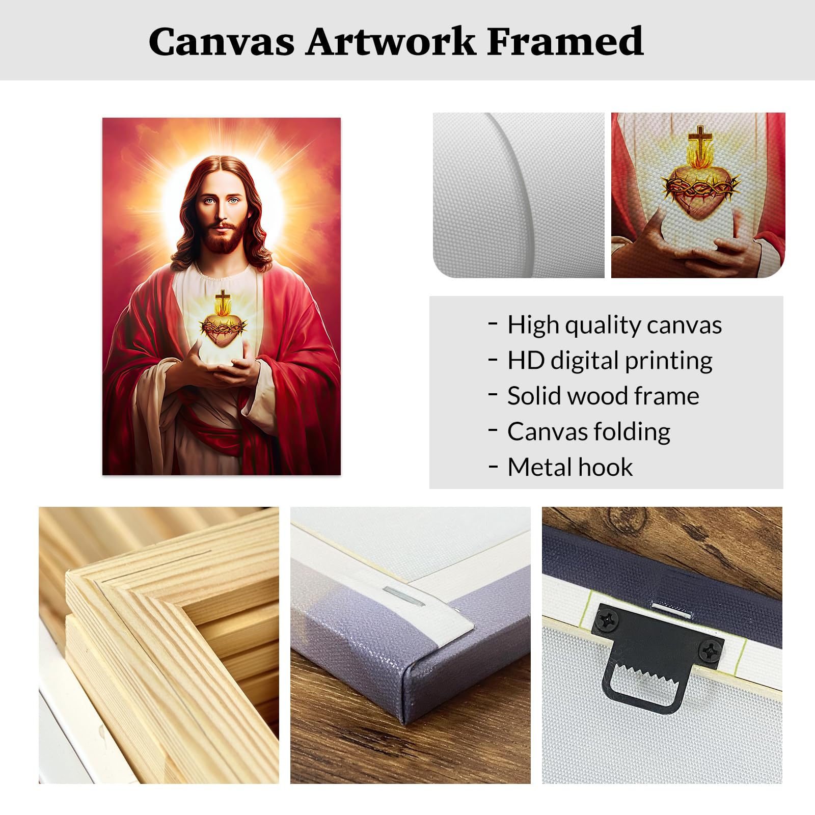ZXHYWYM Stampa artistica da parete cristiana del Sacro Cuore di Gesù su tela con Dio religioso, stampa per soggiorno e camera da letto, cornice decorativa (30 x 45 cm)