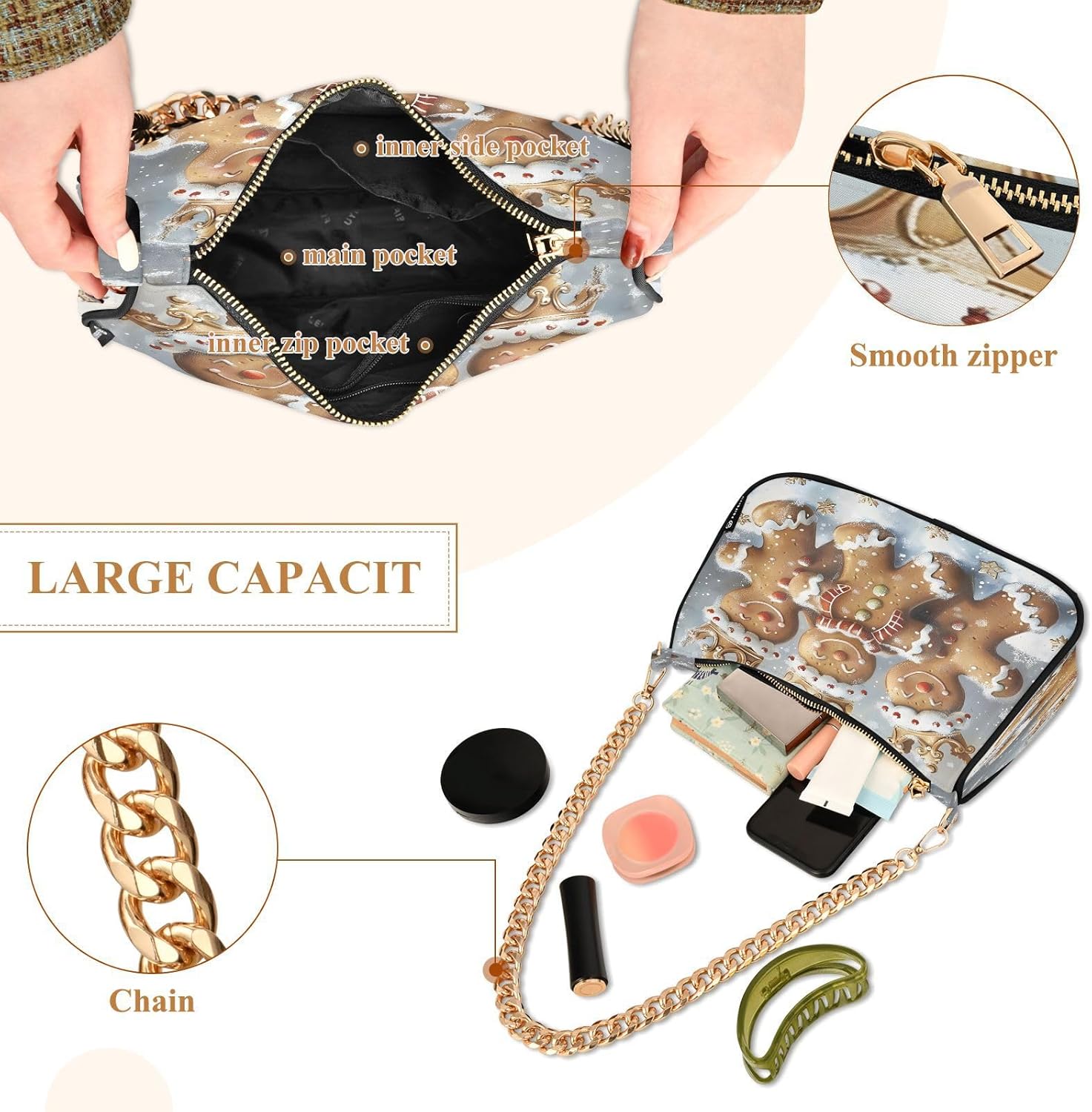 Gingerbread Crown Christmas Chain Shoulder Bag Hobo Tote Handbag Mini Clutch Purse with Zipper Closure for Women