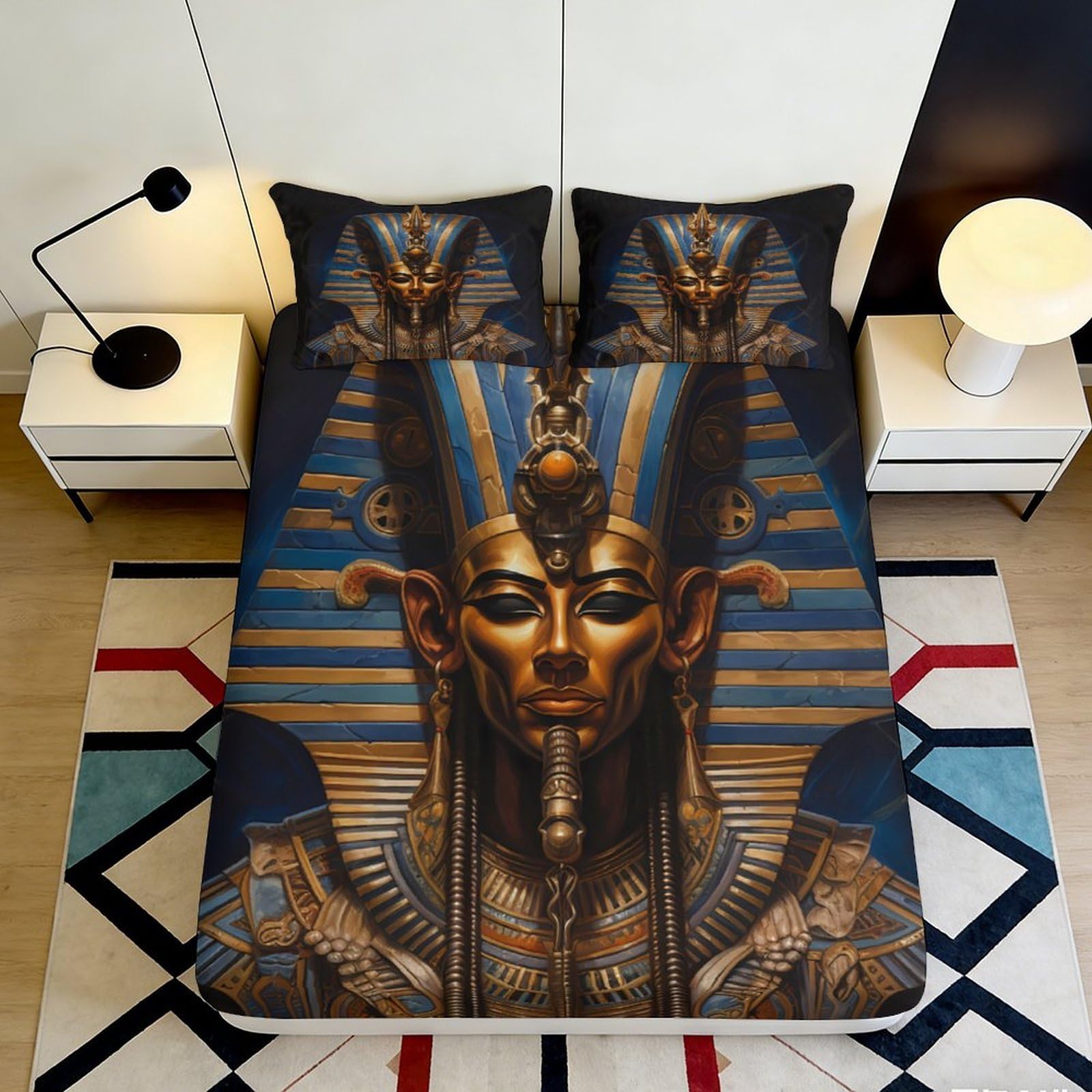 3D Printed Egyptian Pharaoh Fitted Sheet Microfiber Durable Soft Bed Cover with 3D Printed Ancient Art Mattress Cover for Bedroom Dormitory Guest Room 180x200x25cm