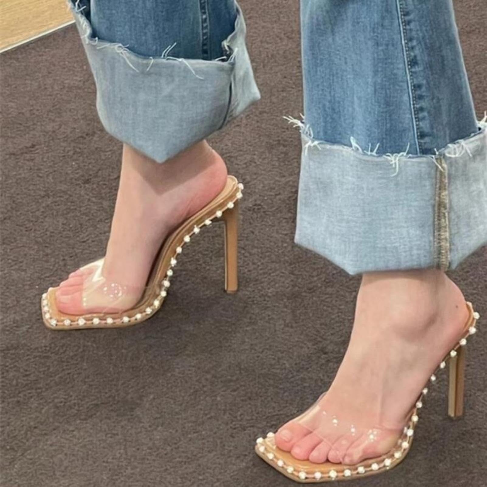Genérico Mujer Tacón De Mule De PVC Transparente para con Adorno De Perlas | Sandalias De Fiesta De Noche Con Punta Cuadrada Abierta, TacóN Alto De Aguja Sandalias De Boda