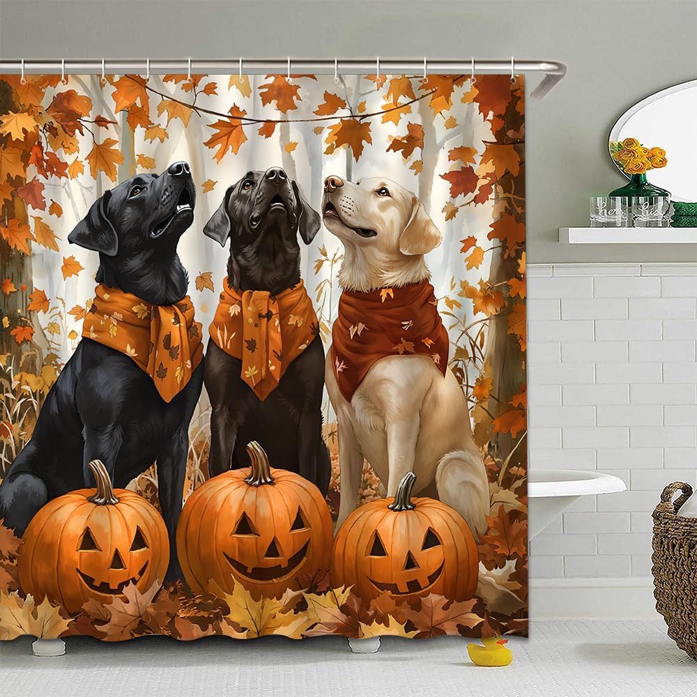 Fall Dogs Shower Curtain Pumpkin Autumn Funny Puppy Maple Leaves Thanksgiving Day Harvest Rustic Farmhouse Dog Farm Forest Animal Bathroom Curtain Set Polyester Fabric Hooks 84 X 70 Inch