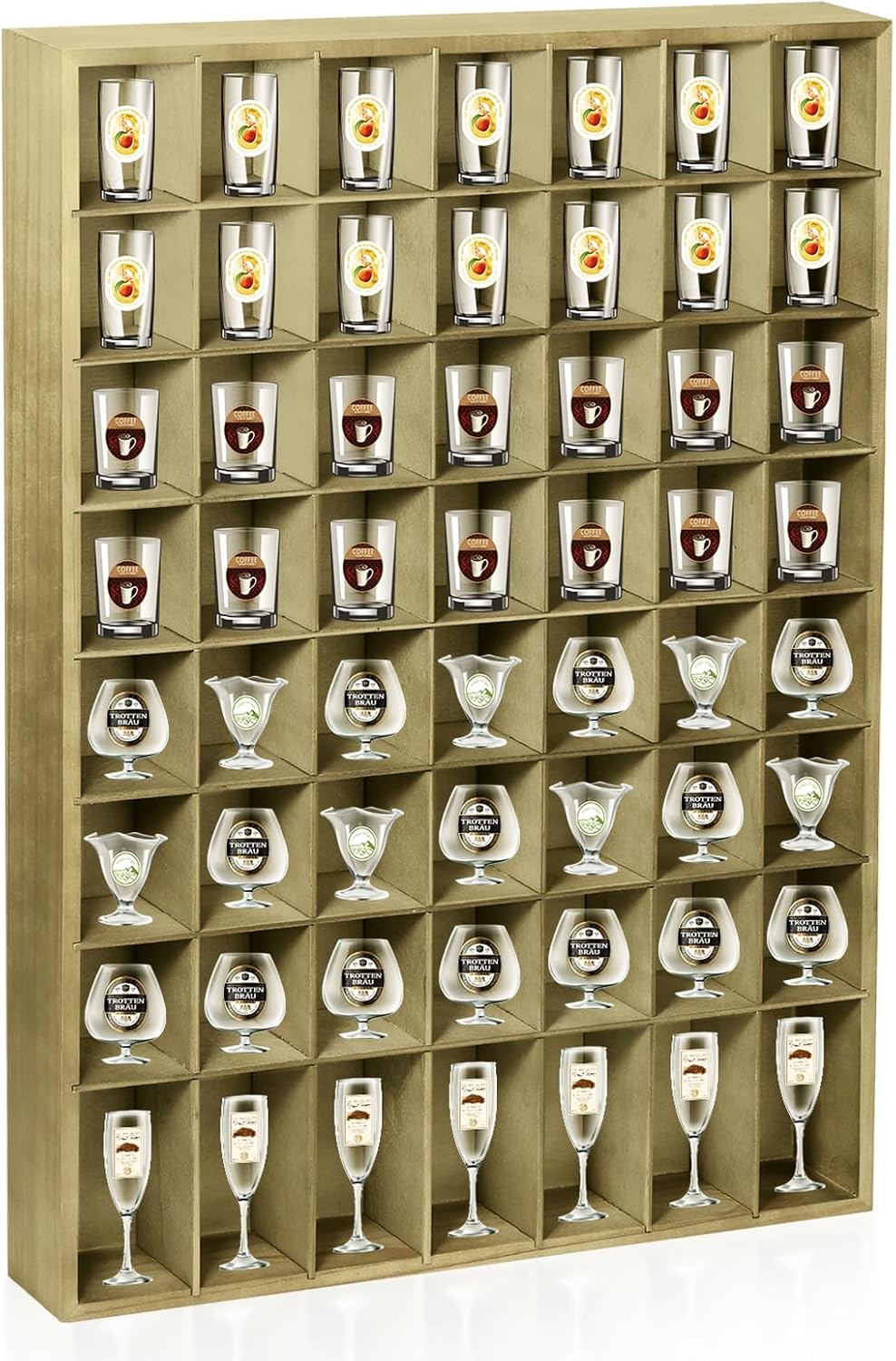 Shot Glass Display Case for Wall, Wood Holds Set of 56 Glasses Shot Glass Holder Display Shelf, 17'' x 12''-3'' x 2''( Retro Green, 1pcs )