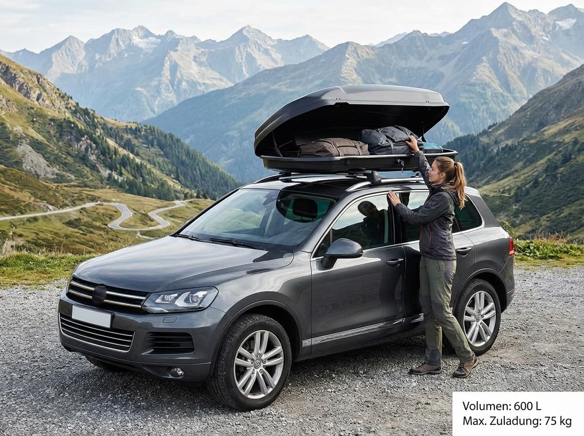 Auto Dachbox Satellite 600 - Dachkoffer Gepäckbox 600 Liter - Autokoffer Dach Box abschließbar Zentralverriegelung - universal geeignet für PKW Van SUV - schwarz matt
