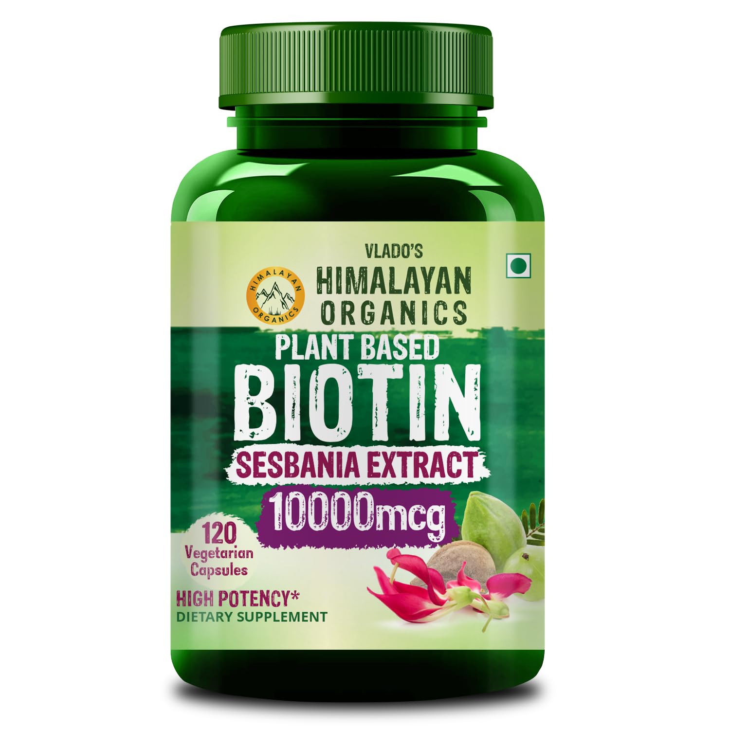 Vlado’s Himalayan Organics Plant Based Biotin 10000Mcg Supplement For Longer Hair Growth | Glowing Skin And Longer Nails | For Men And Women - 120 Veg Capsules