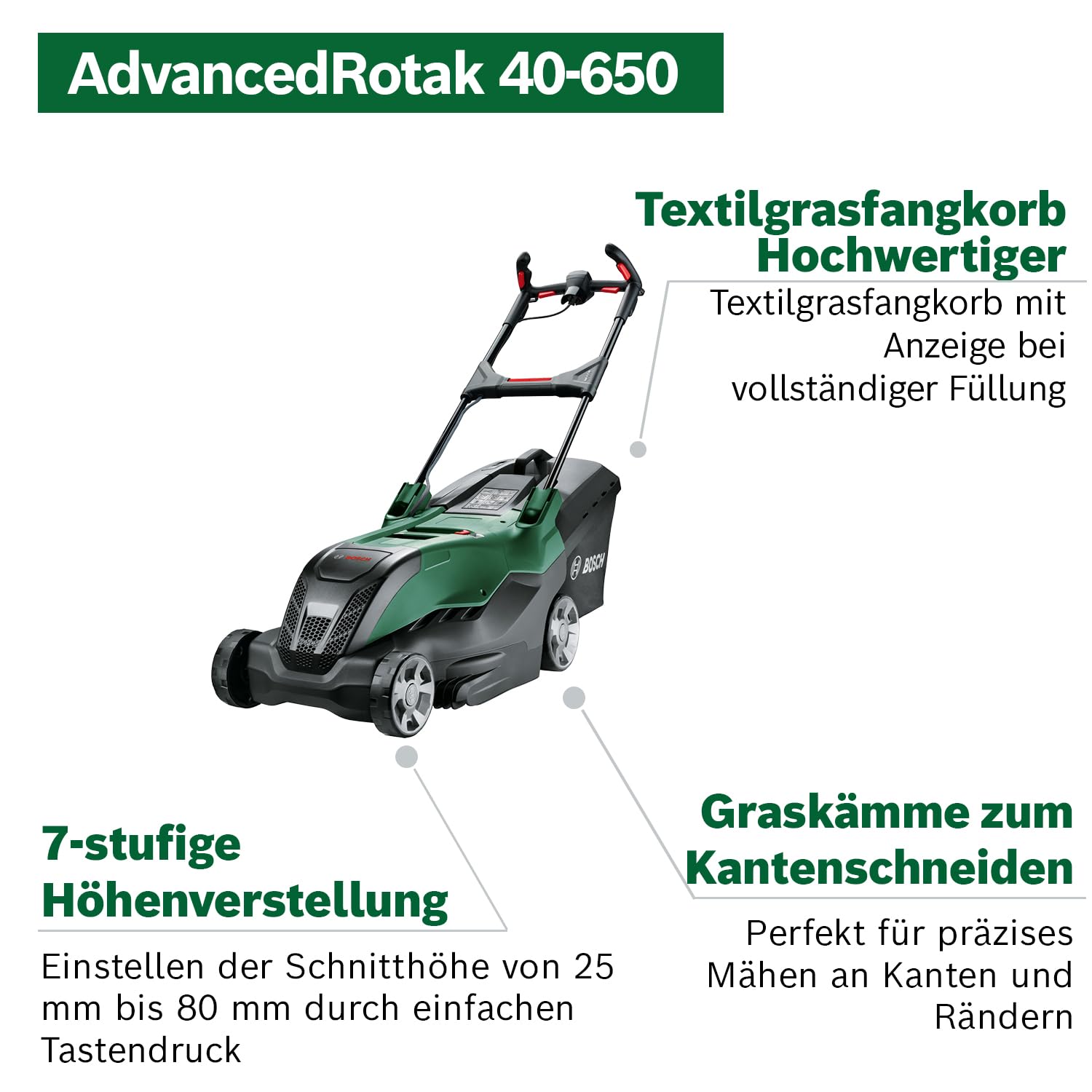 Bosch leistungsstarker Rasenmäher AdvancedRotak 40-650 (zum Rasenmähen, 1700 W Motorleistung, Schnittbreite: 40 cm)
