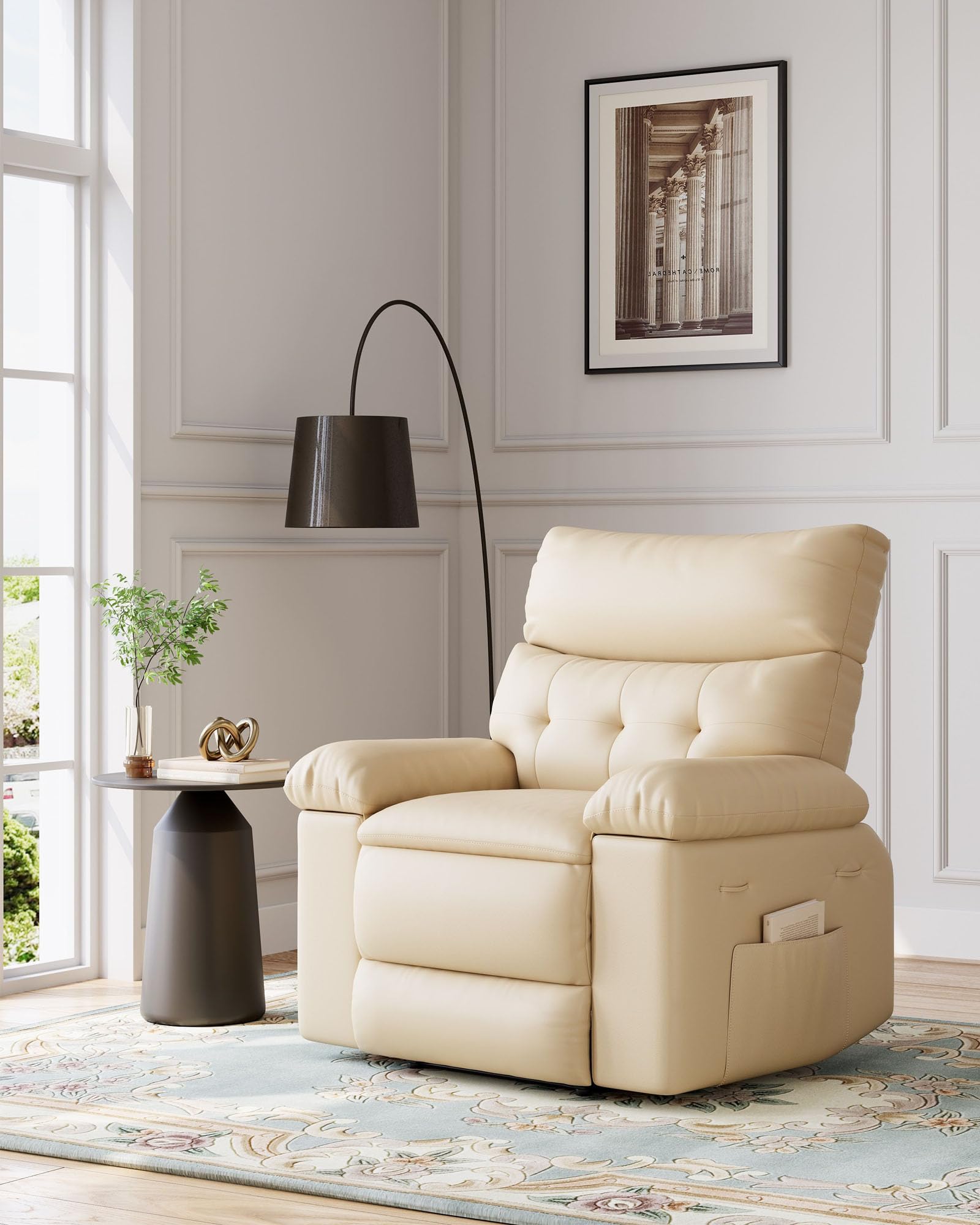 Garvee Oversized Manual Recliner Chair with dimensions labeled.