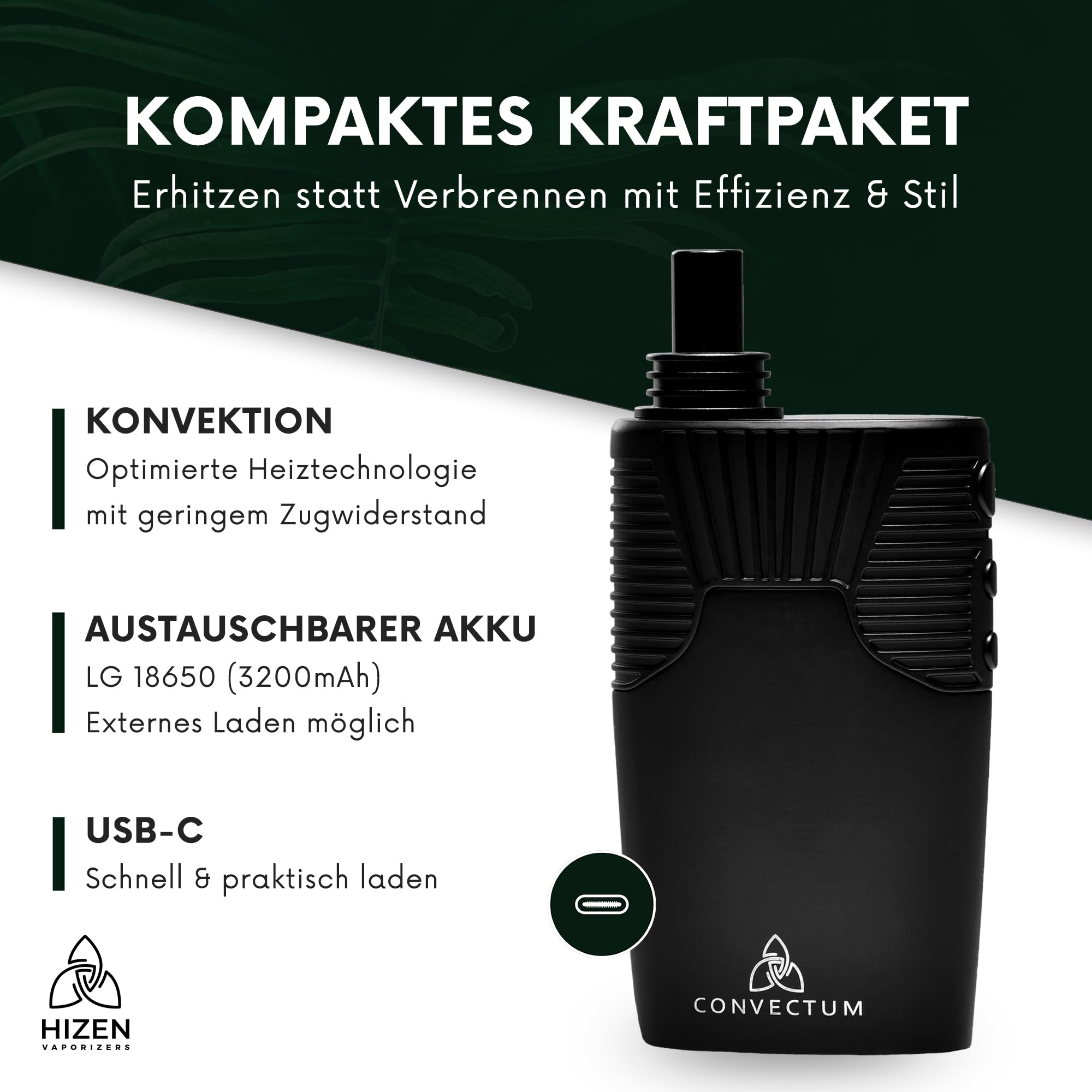 HIZEN Convectum Kräuter Vaporizer – Premium Verdampfer für Kräuter mit echter Konvektion, 80–220 °C stufenlos, USB-C Wechselakku (18650 LG), LED-Display, Endlos-Timer, Aromatherapie, Schwarz