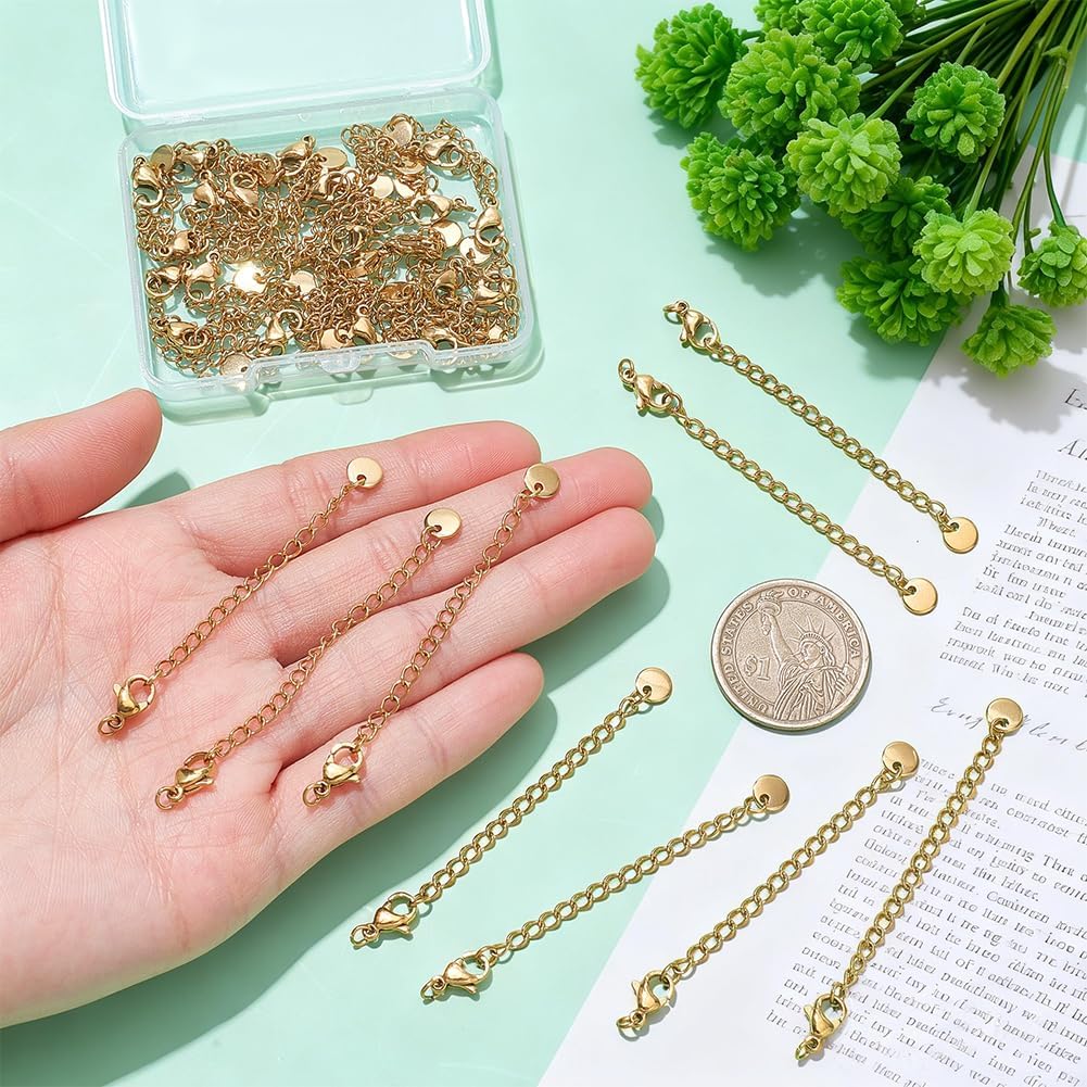 UNICRAFTALE 30Pcs 18K Gold Plated Gold Curb Chain Extension End Chains with Flat Round Charms and Clasps Stainless Steel Necklace Bracelet Extension Chain Anklet Extenders for Jewelry Making 66mm