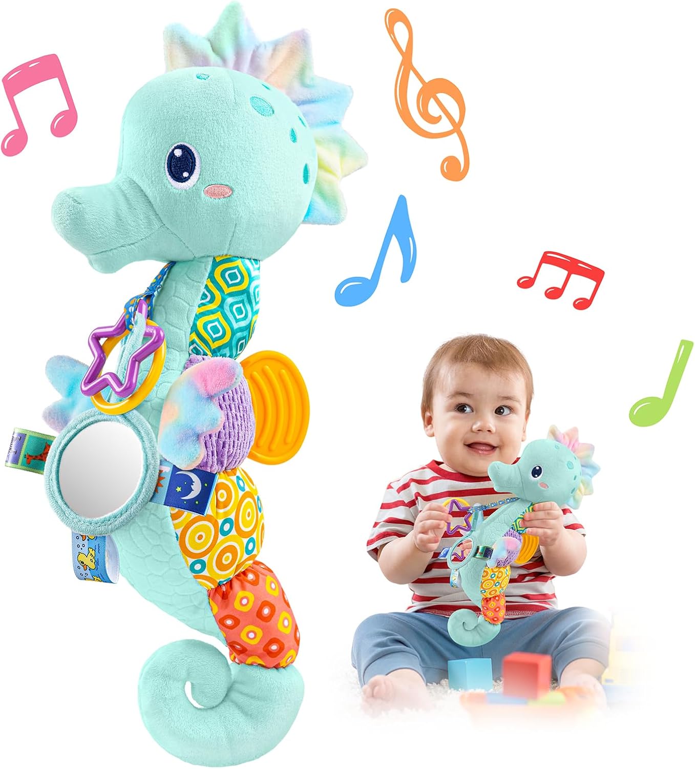 LIGHTDESIRE Baby Toys Musical Seahorse Stuffed Animals Infant Toys 0-6-12 Months with Mirror|Rattles|Crinkle|Baby Teething Toys,Sensory Toys for Tummy Time Newborn Boys Girls Birthday Gifts(Rose Pink)