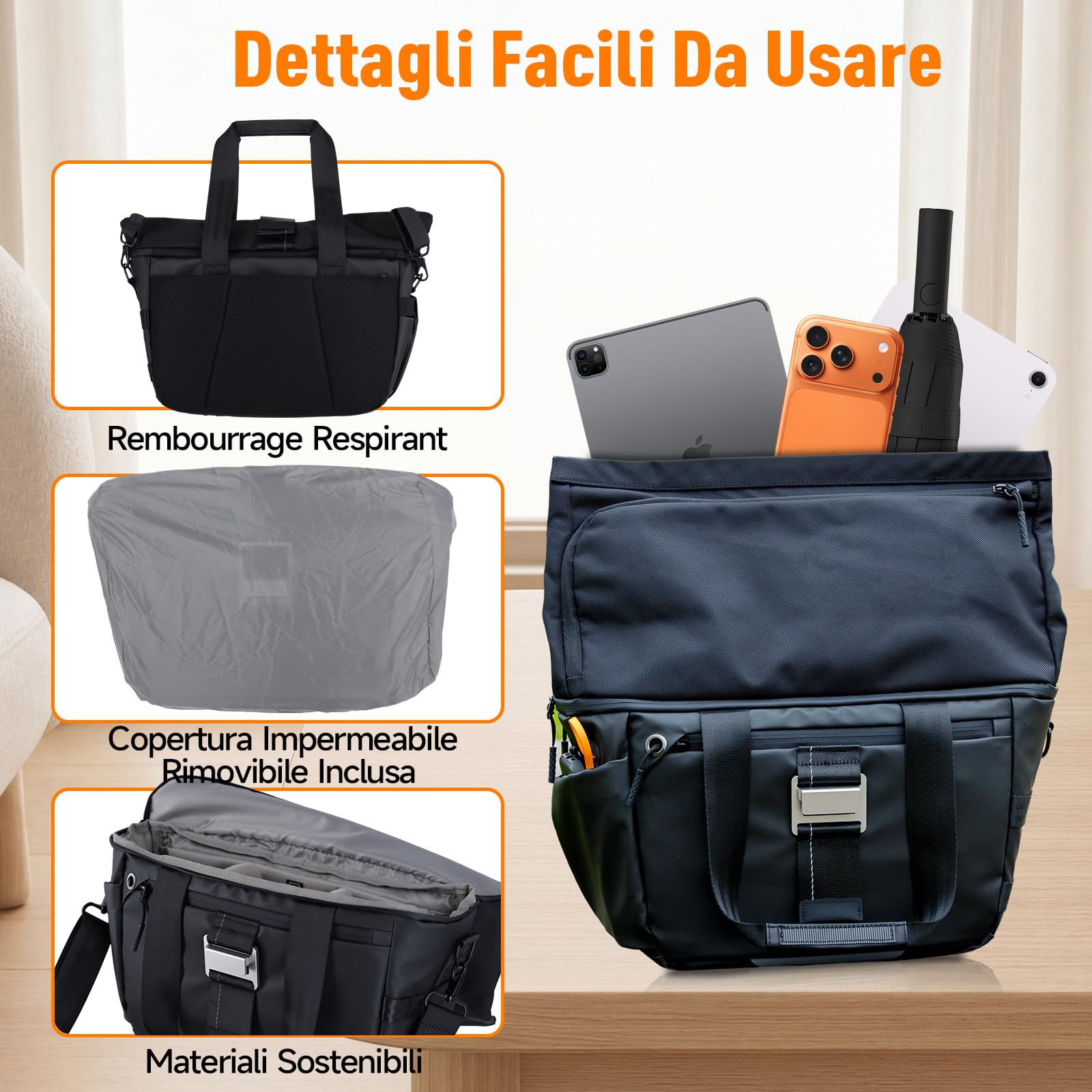 Borsa per Fotocamera, Rollei Fotoliner Ocean Rolltop Bag L Borsa Fotografica Impermeabile Zaino Fotografico Grande con Tracolla Regolabile Crossbody Borse per Macchina Fotografia DSLR e Accessori Nera