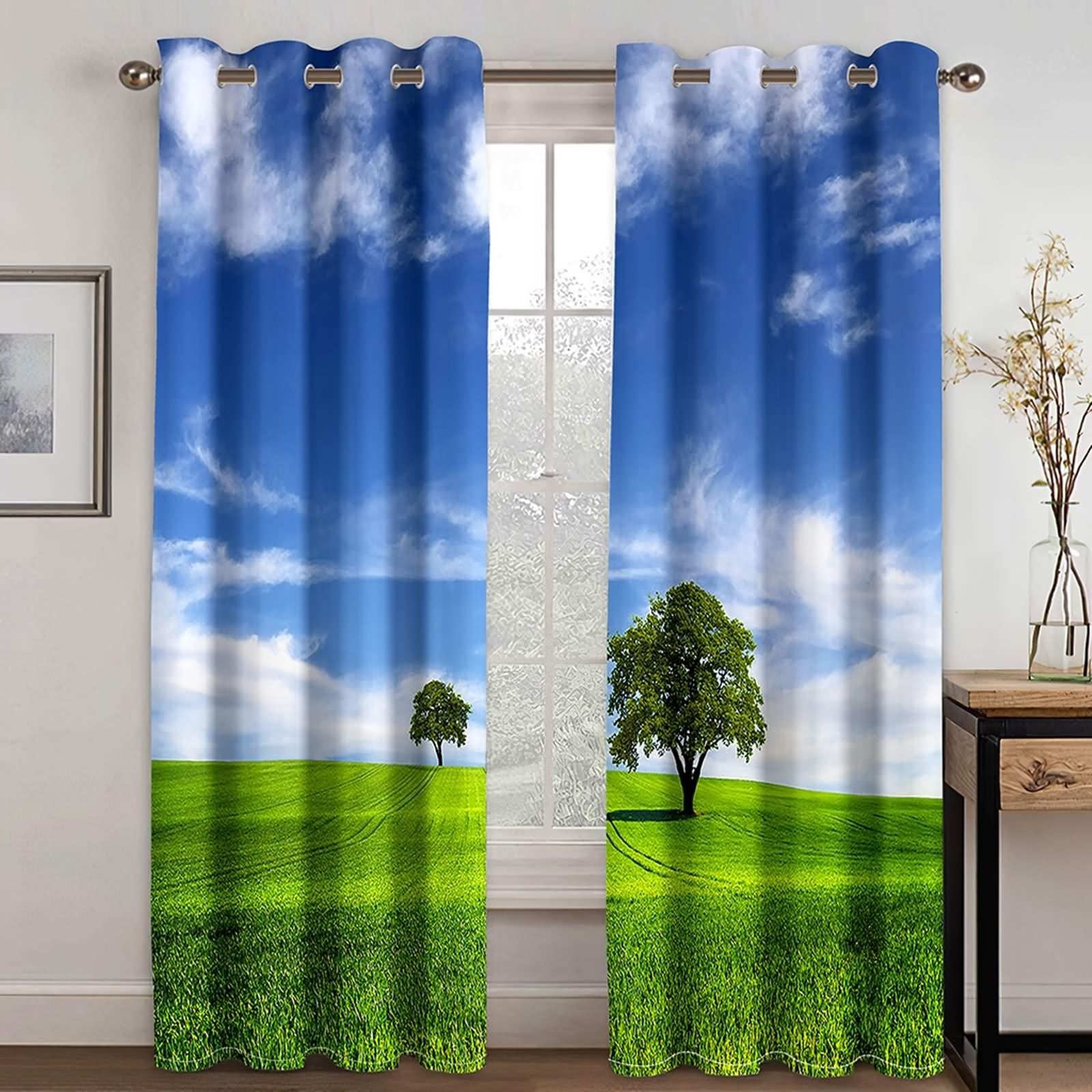 Czeska Krótka Kurtyna, Vintage Nieprzezroczysta Zasłona Niebieska Zielona Łąki i Niebo Drzewa Niebieski Poliester 2 Panele 264x274cm