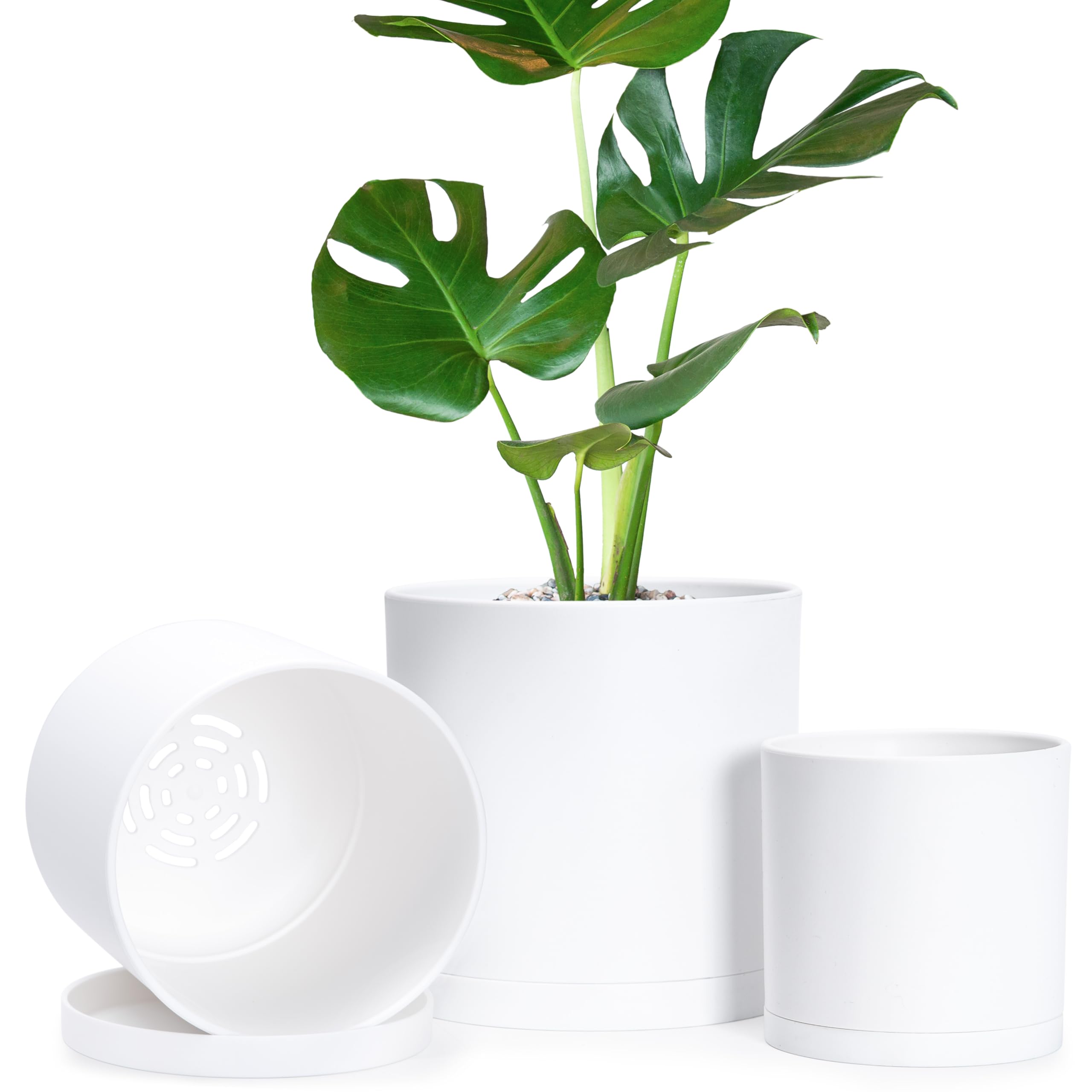 4.5 Inch 5.5 Inch 6.5 Inch, Set of 3 Plastic Planter Pots for Plants with Drainage Hole and Seamless Saucers, White Color, Small Plus, 74-E-SP-1