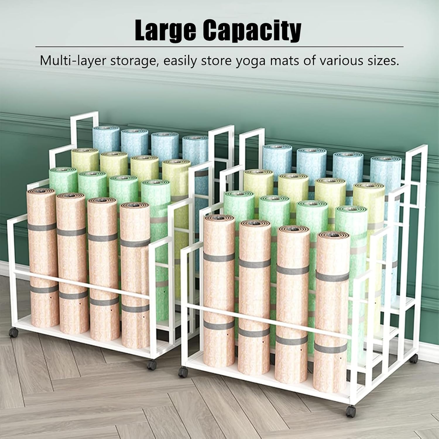 Heavy-Duty Metal Yoga Mat Organizer Cart - Holds 20/24 Mats, Portable Exercise Rack for Gyms, Yoga Studios, Home/Garage Use (White, 100x85x110cm) image 4