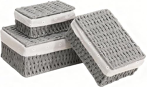 Cesta de almacenamiento de cuerda de papel gris tejida a mano con tapa, pequeña caja organizadora tejida con marco de metal y forro extraíble para