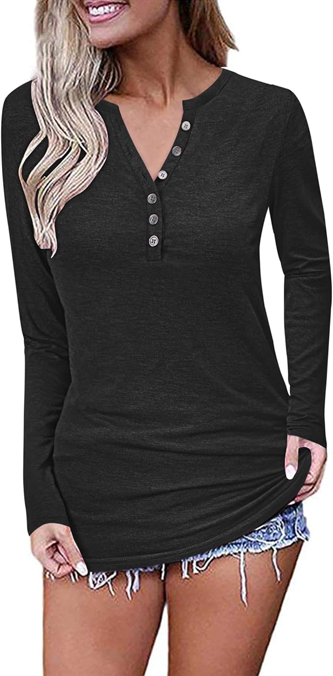 WNEEDU Women's Long Sleeve Tops Henley Button Shirts Casual V Neck T
