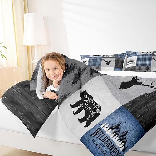Miniatura 3 de Juego de edredón para niños, diseño de oso de ciervo, astas, juego de ropa de cama de aventura de caza para niños, niñas, adultos, decoración de