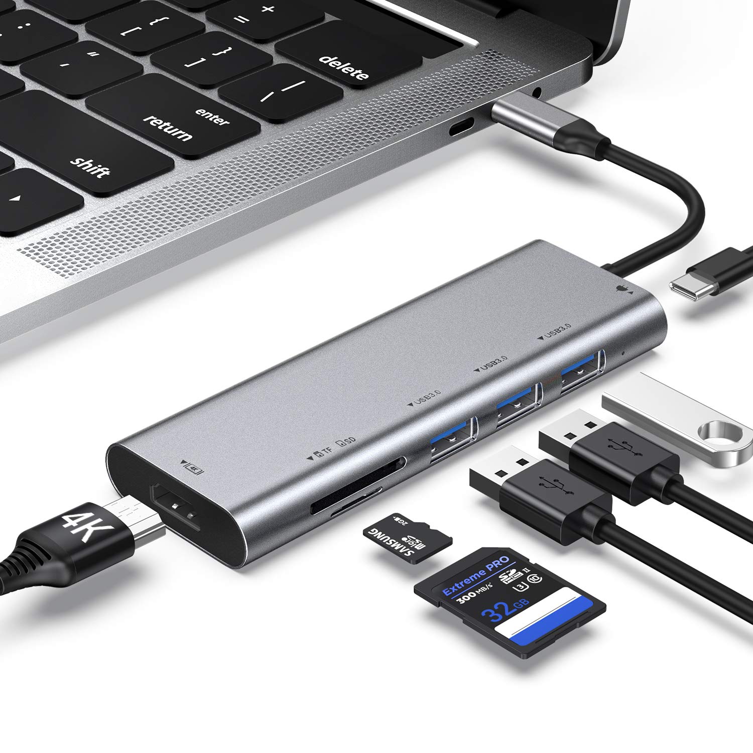 Lemorele Adattatore Hub USB-C 7 In 1 HDMI 4K, 100W PD, Lettore SD/TF Per MacBook Pro/Air E Altri