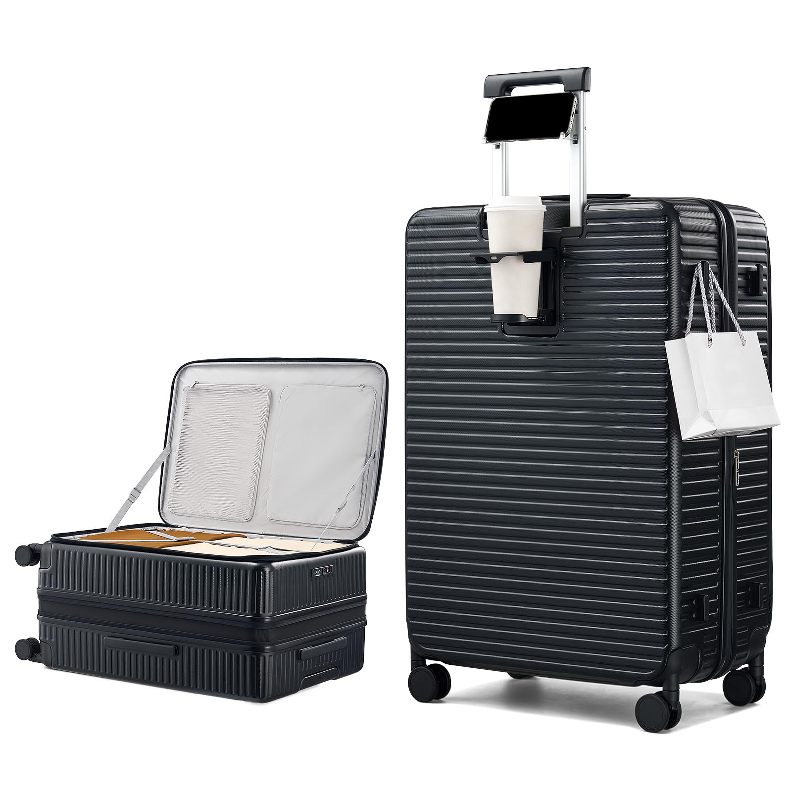 HanTrip Hard Shell Suitcases 28 Inch Large Checked Luggage with Spinner Wheels Cup Holder, Expandable Check in Luggage Lightweight Top Opening Luggage Big Rolling Suitcase with Lock, Black