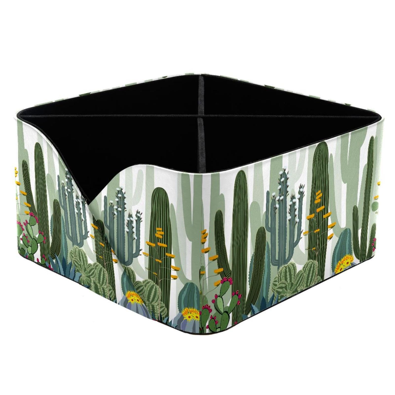 KengjuTesu Wild Cactus Forest Flowers Pattern Desktop Organizer Pen Holder, Rectangular Pencil Cup for Office, Study and Makeup Stations