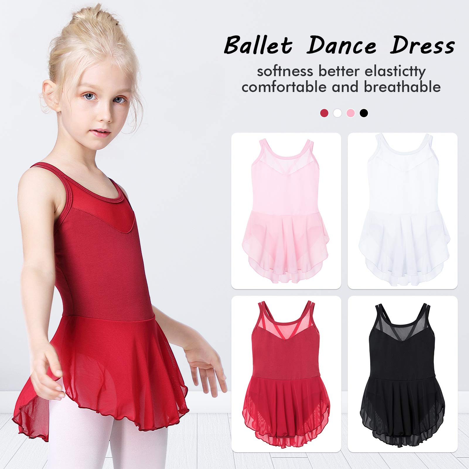 Soudittur Maillot de Danza Algodón Tutú Vestido de Ballet Gimnasia Leotardo Body Clásico Manga Corta para Niña
