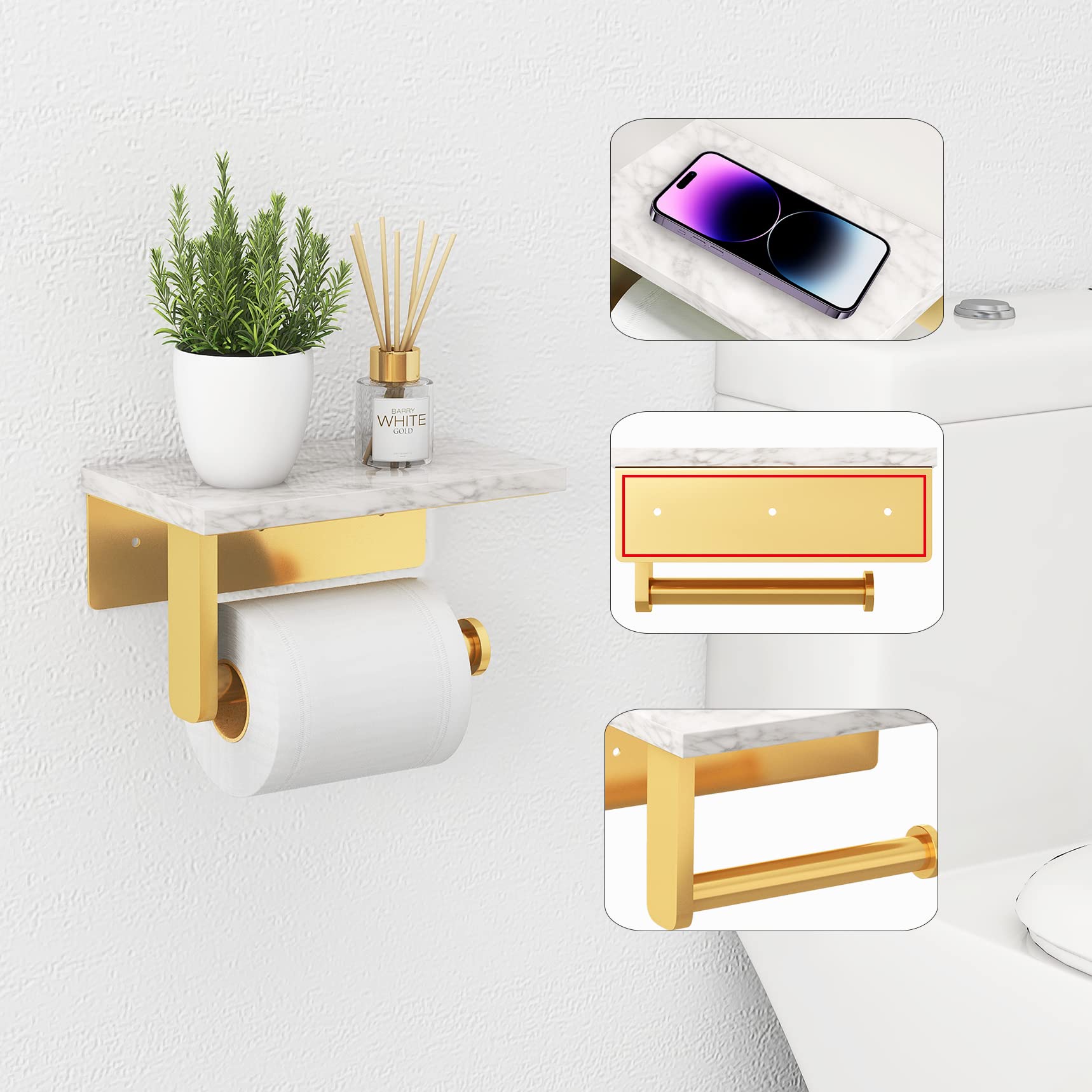 Toilet Roll Holder Wall Mounted, Gypie 304 Stainless Steel Toilet Paper Holder with Marble Shelf - Image 2