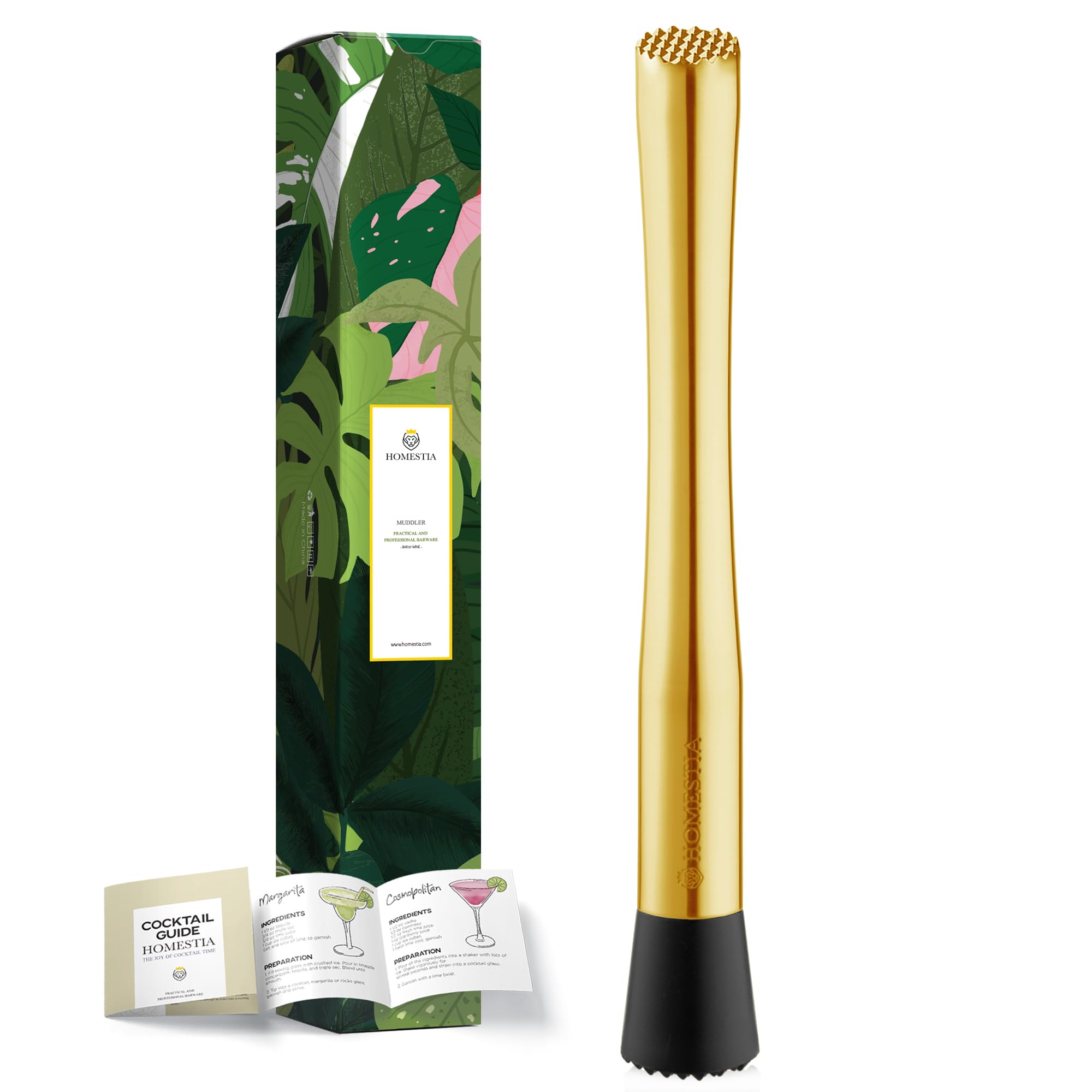 Homestia Double Heads Muddler for Cocktails, 10 Inch Stainless Steel Muddler Tools Durable Bar Accessories Tools for Cocktail Mojito Fruit Drinks Lemonade (Gold)