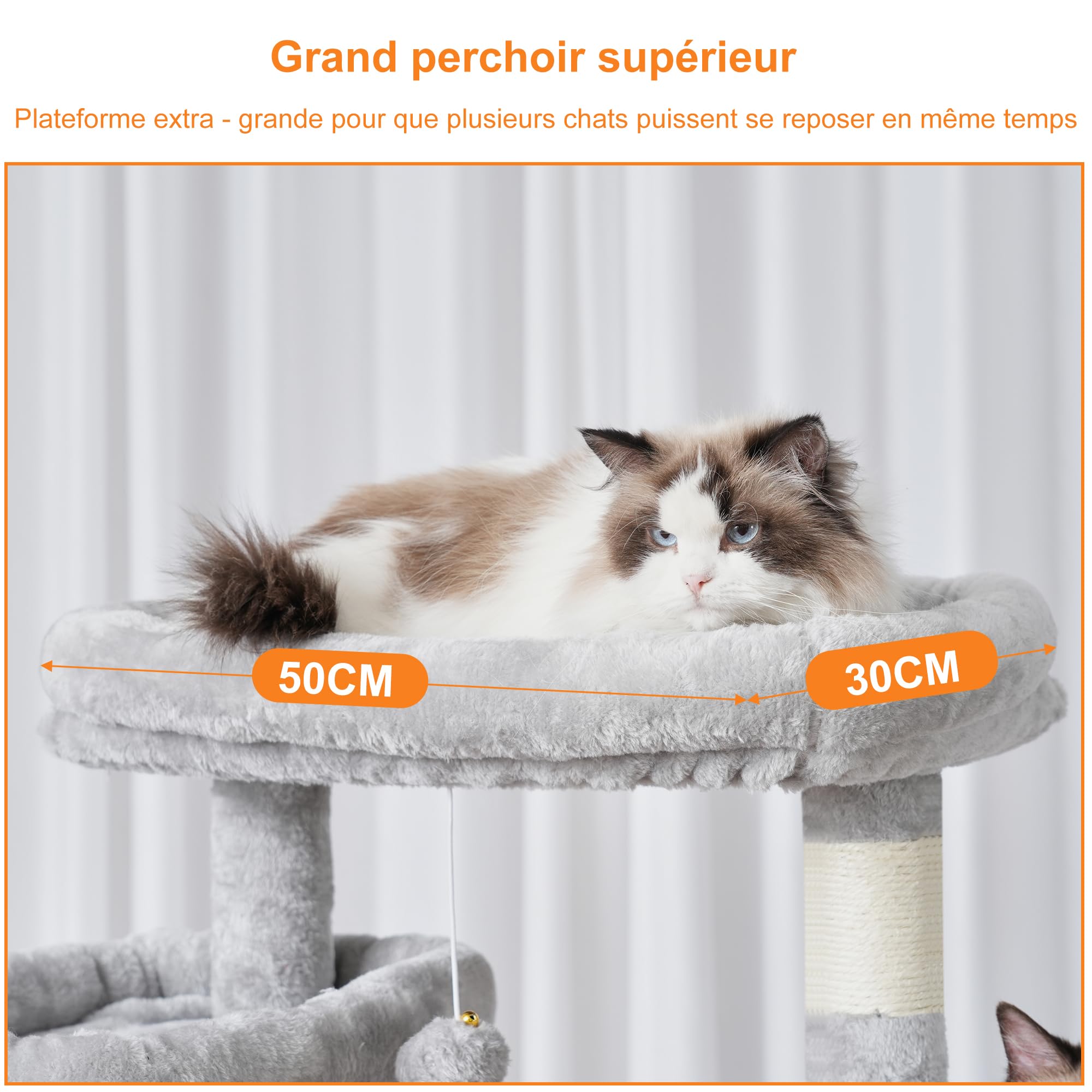 Heybly Arbre À Chat, Tour De Griffer 180 cm, 2 Plateformes, 2 Cabanes De Sommeil, 2 Hamacs, Panneau À Griffer. Grand Meuble pour Chats avec Endroit Dormir, Gris Clair HCT034W