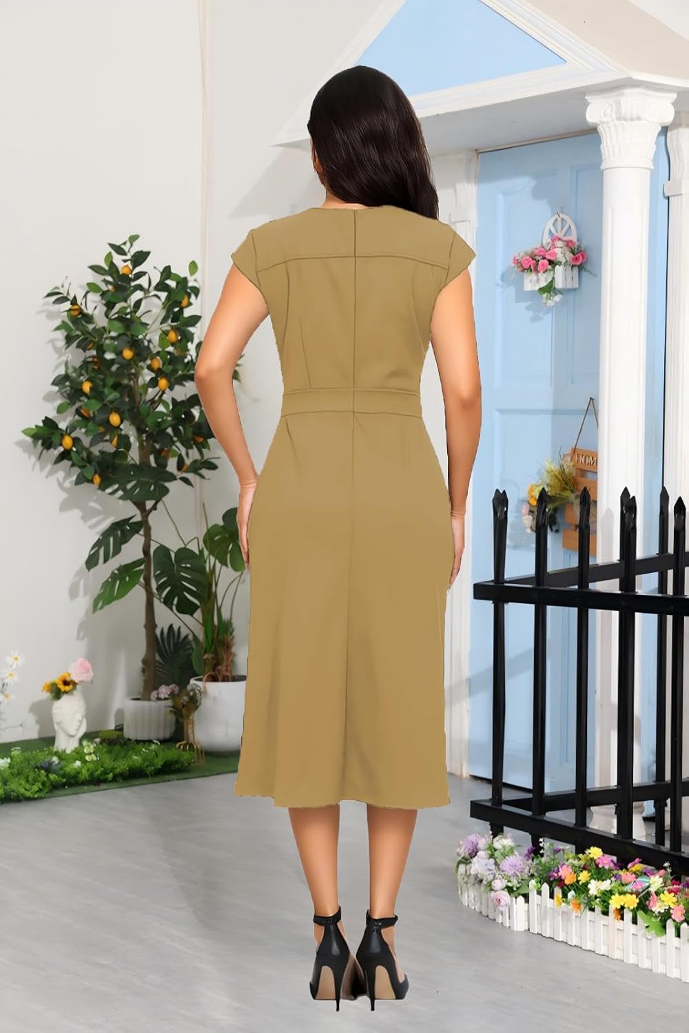 DeftSharp Women's V Neck Workday Dresses Button Down Swing Midi Shirt Dress with Pockets - Image 5