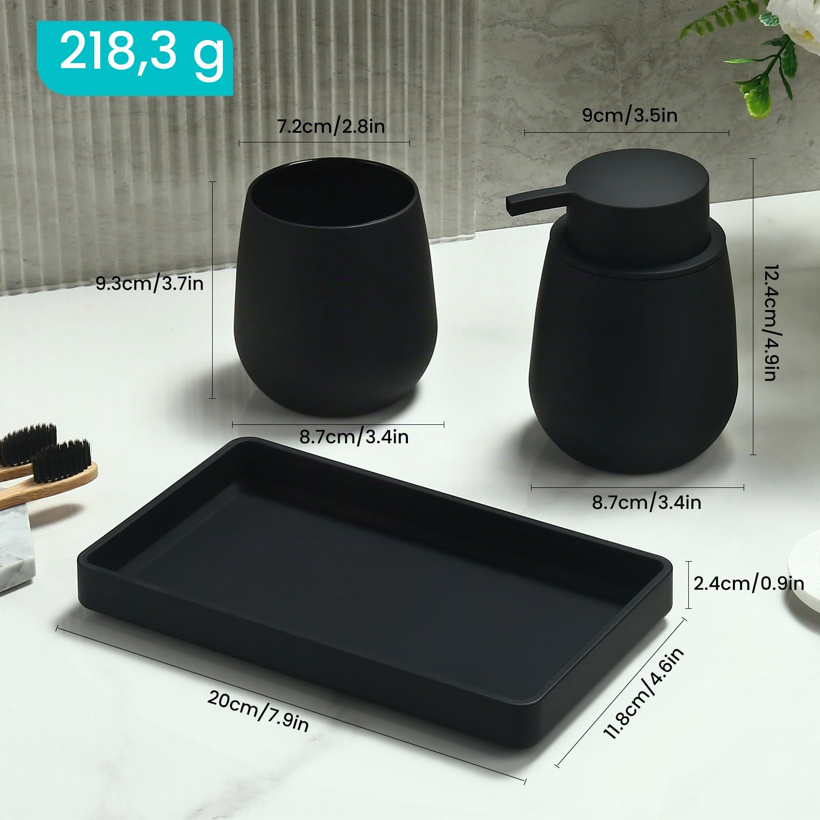 Set Bagno Nero - Dispenser Sapone, Portaspazzolino, Vassoio da Vanity, Moderno Accessori Bagno con Rivestimento in Gomma, Organizzatore da Banco Decorativo (Nero)
