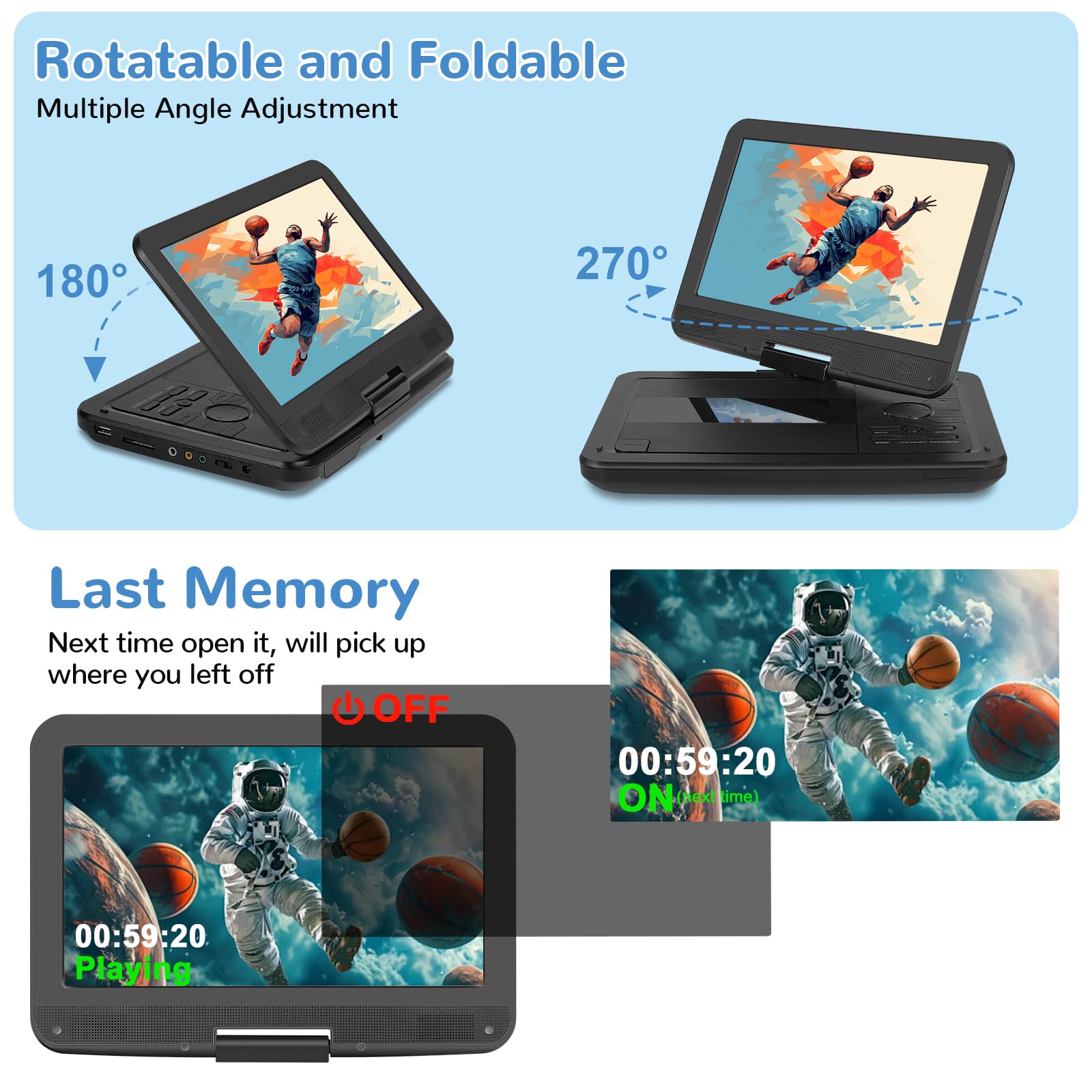 Lettore DVD portatile da 12,5 pollici con schermo girevole HD da 10,1", 5-6 ore di riproduzione, lettore DVD portatile con doppio altoparlante, supporto SYNC TV/USB/SD Card/AV, riproduce tutti