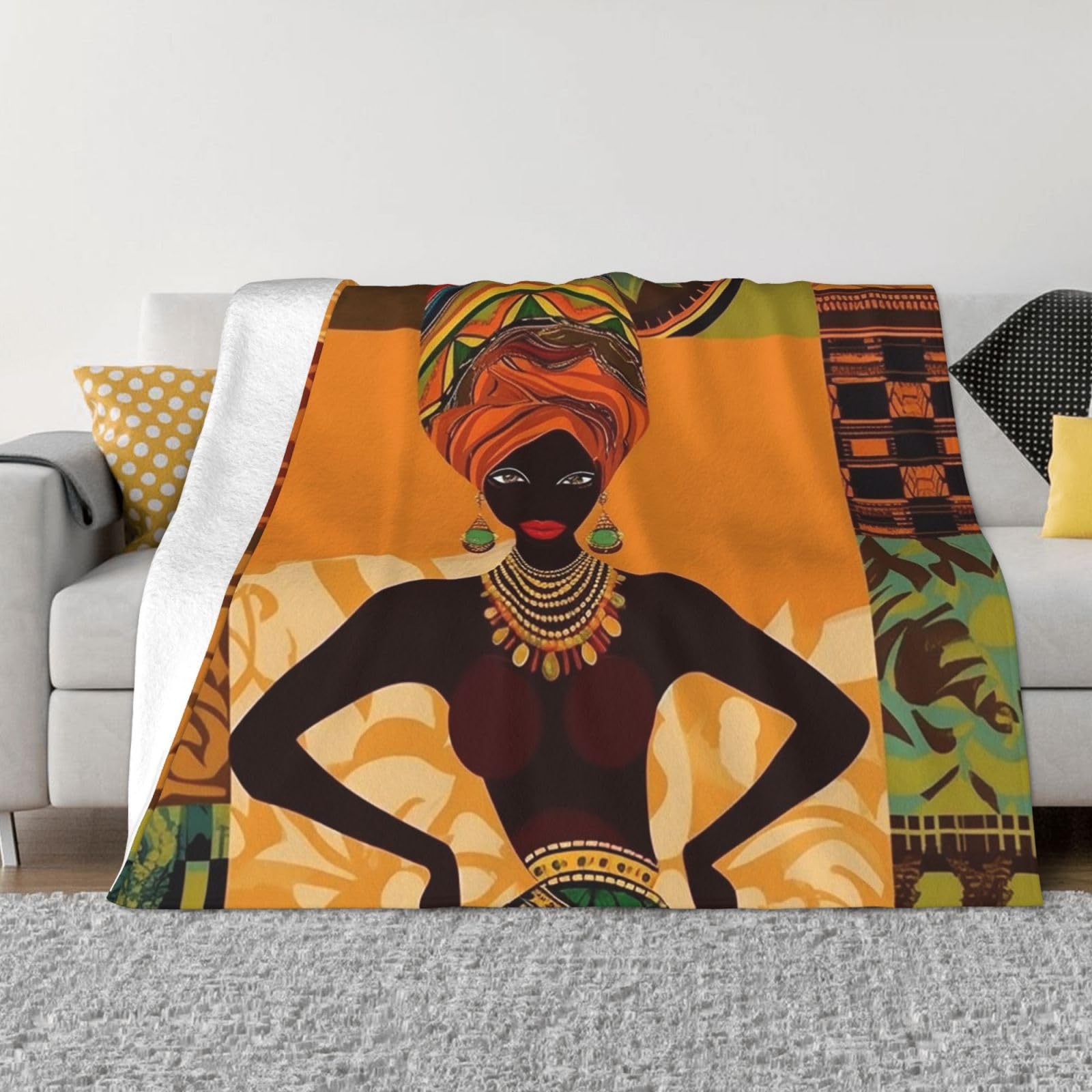 KLOPH African Woman Throw Blanket 60"x50" Flannel Fluffy Warm Blanket for Couch, Reversible Plush Blankets for Bed, Comfy Fuzzy Blanket for Sofa, Plush Lightweight-Blankets for All Season