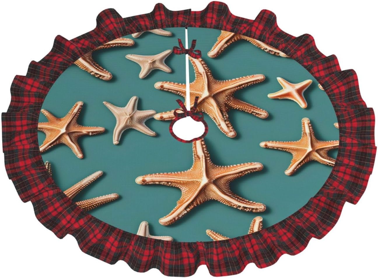 Sea Shell Starfish 36 Inches Christmas Tree Skirt with Red and Black Plaid Border Tree Skirt Decor for Xmas Decorations