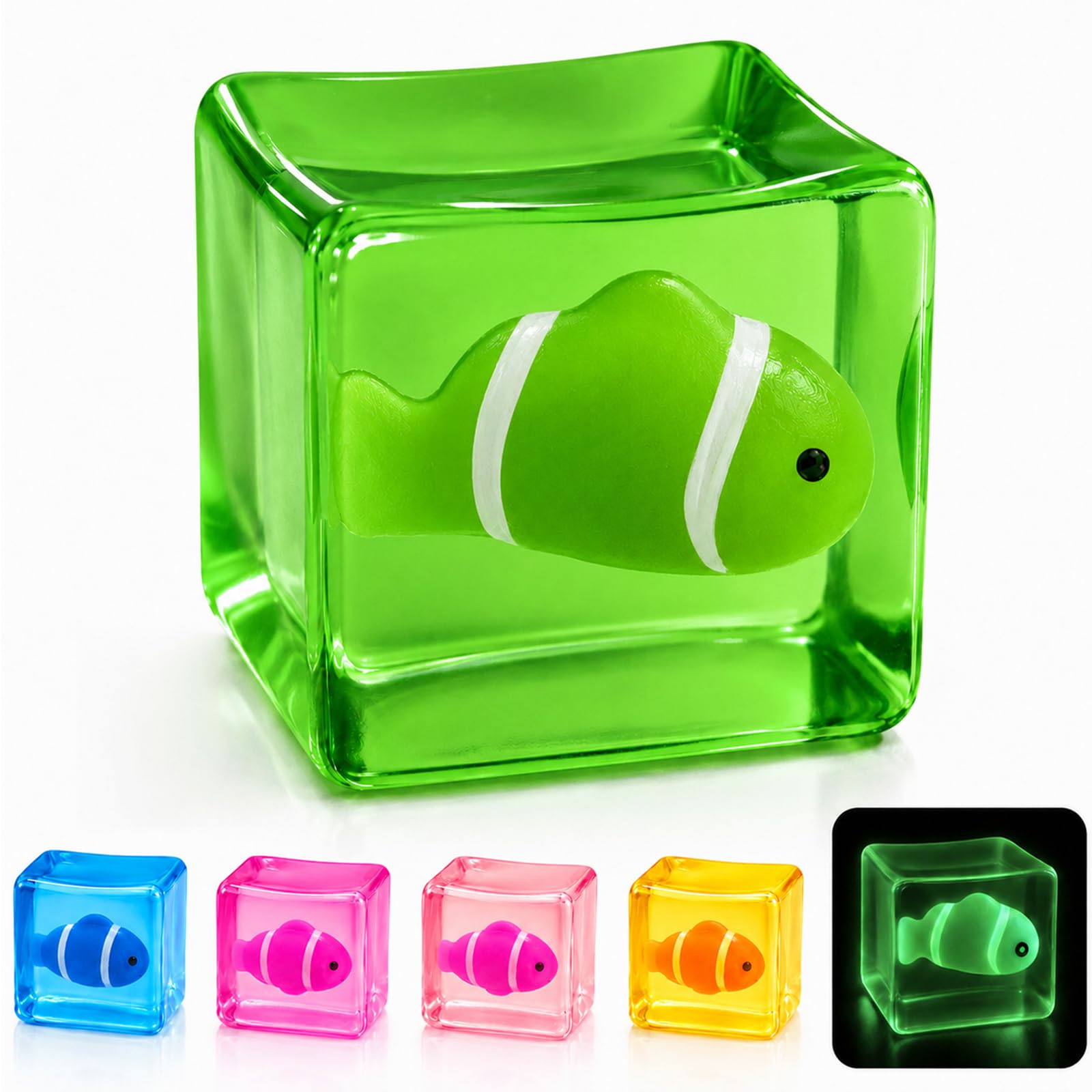 Stress Cube Squishy Toys, Glow-in-The-Dark Clownfish Inside, Squishys Sensory Toy to Stress and Anxiety Relief, Squeeze Fidgets for Kids Autism Adults Party Favors, Halloween, Christmas, Travel Gift
