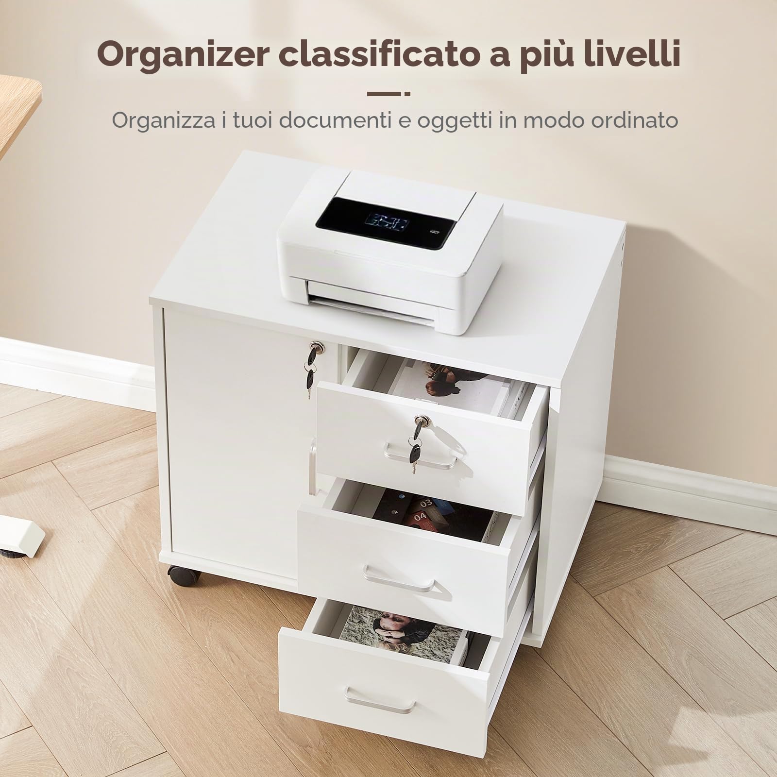 TUKAILAI Cassettiera con ruote richiudibile, mobile con 3 cassetti e armadio, 4 ruote, per ufficio e casa, bianco