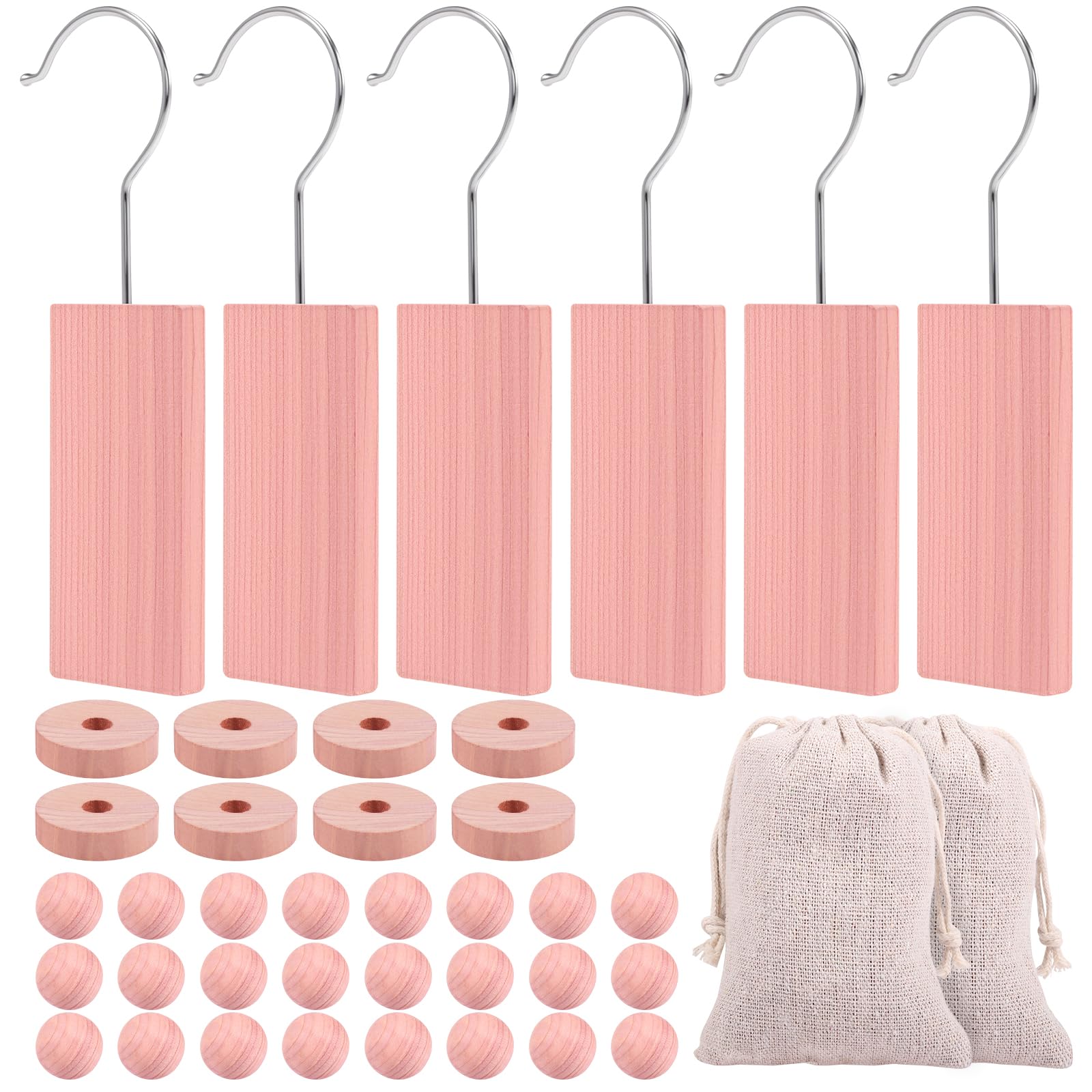 Vavpup Brownish-Red Cedar Blocks For Clothes Storage Super Bundle - 6 Hangers,24 Wood Balls & 8 Wood Rings,2 Shavings Sachets - 100% Natural Aromatic Cedarwood,Closet Freshness & Moth Repellent For Drawers