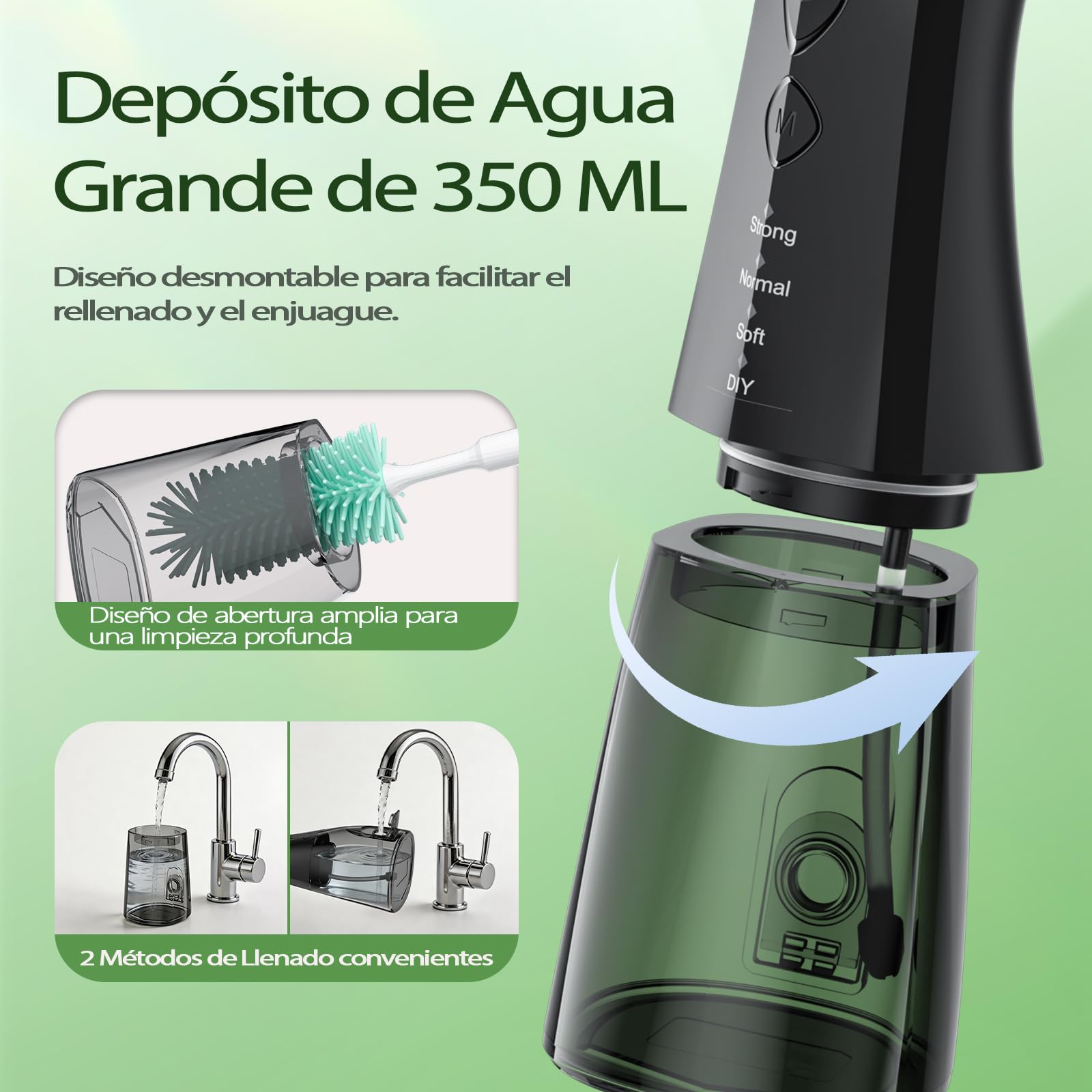 OasiSmile C2 Irrigador Dental Portátil, 350 ML Irrigador Bucal con Tecnología DIY Autoajustable, 5 Boquillas y 4 Modos, Ideal para Ortodoncia y Encías Sensibles, IPX7 Recargable para Viaje Hogar